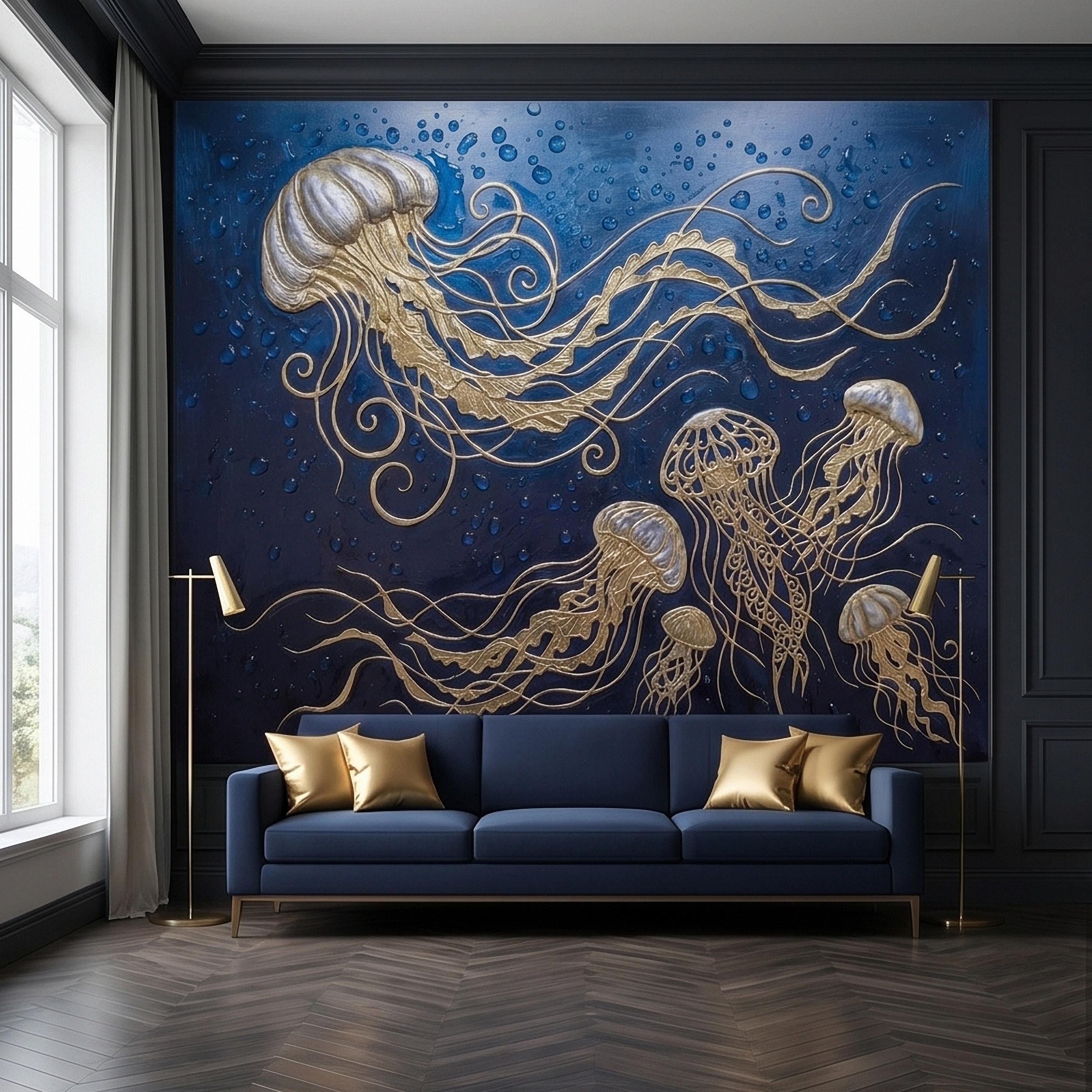 Golden Jellyfish Peel and Stick Wall Mural, Deep Midnight Blue Ocean Water Droplets Underwater Sea Life Art Deco Line Art Nautical Wallpaper