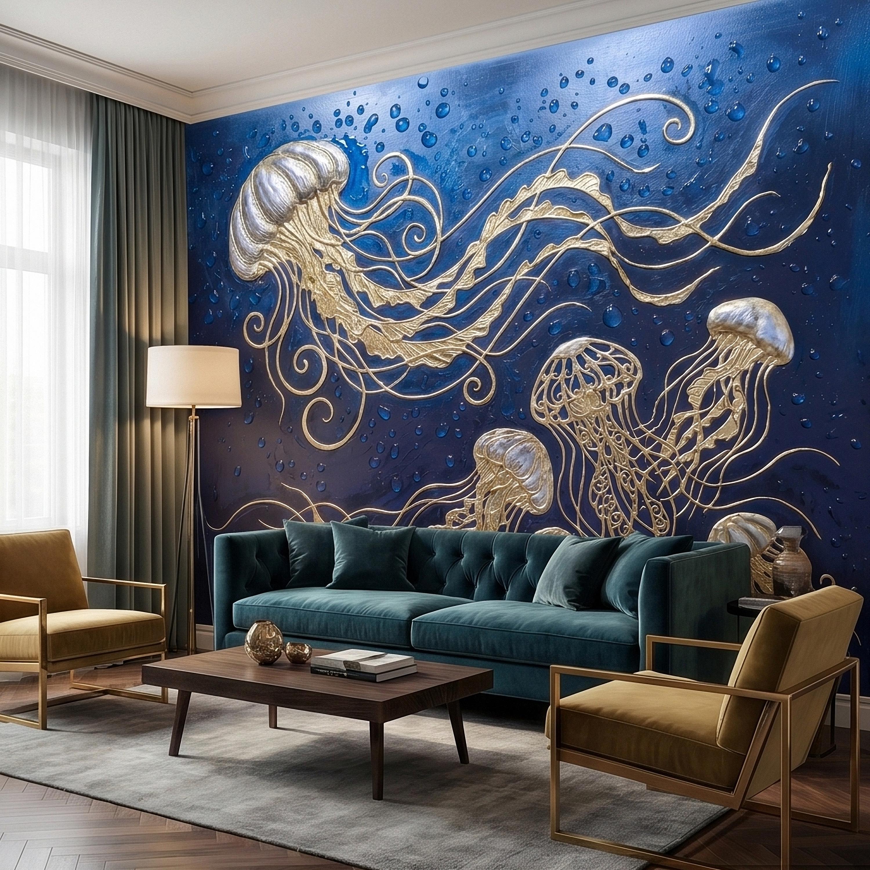 Golden Jellyfish Peel and Stick Wall Mural, Deep Midnight Blue Ocean Water Droplets Underwater Sea Life Art Deco Line Art Nautical Wallpaper
