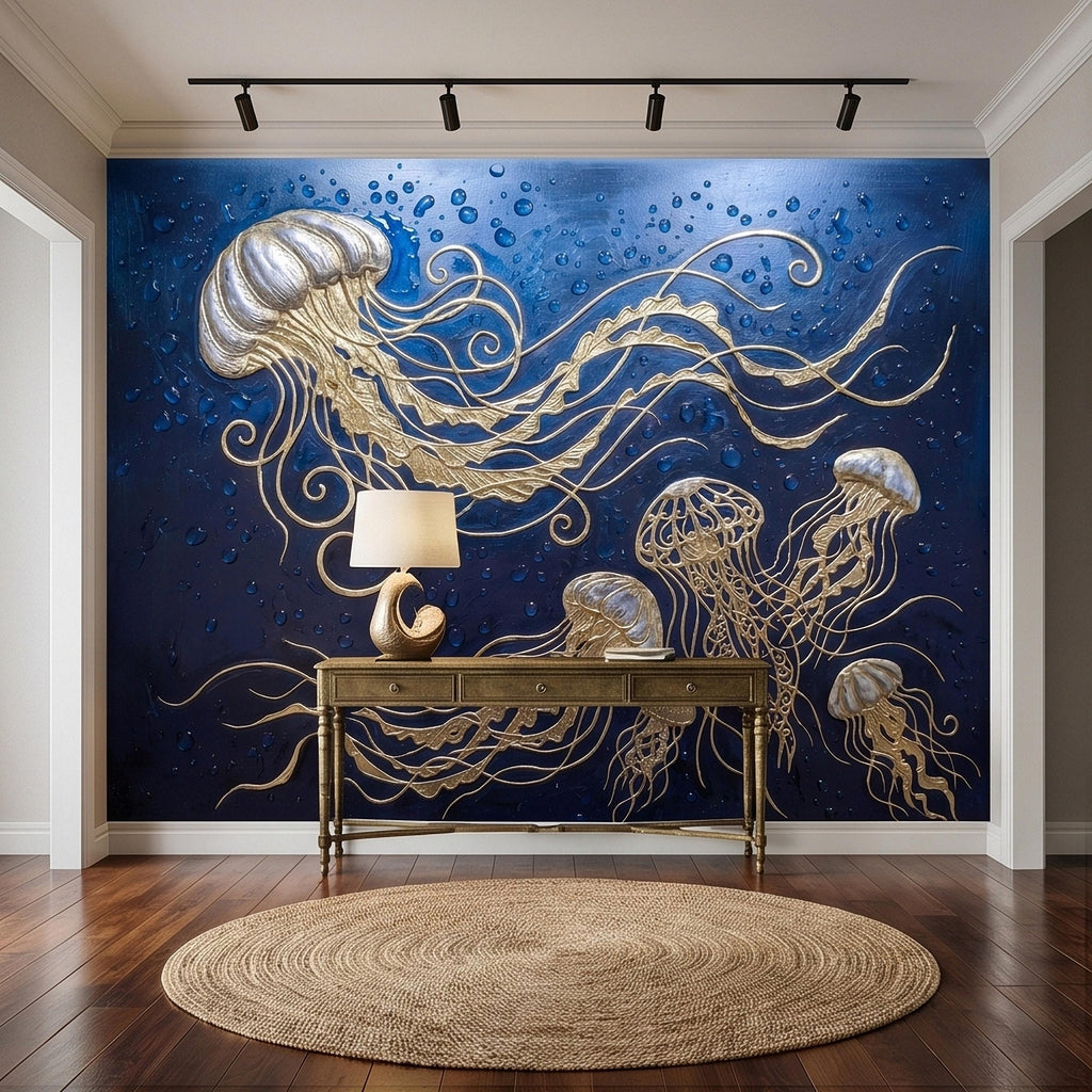 Golden Jellyfish Peel and Stick Wall Mural, Deep Midnight Blue Ocean Water Droplets Underwater Sea Life Art Deco Line Art Nautical Wallpaper