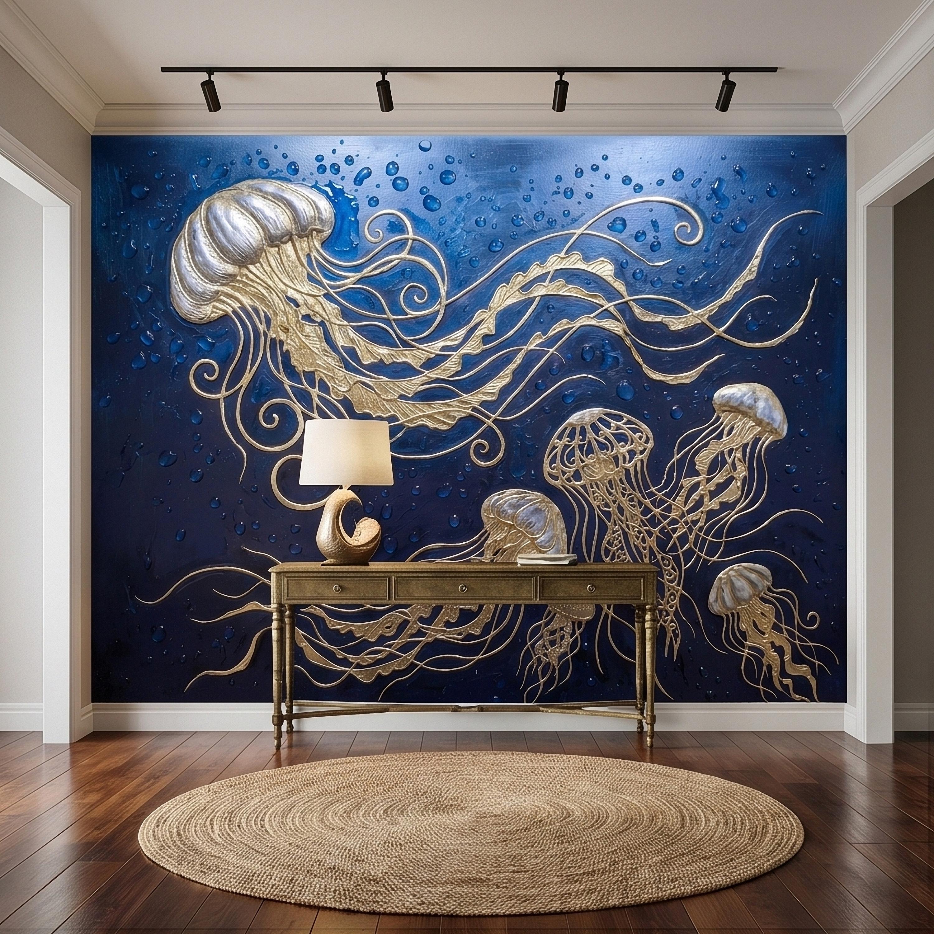Golden Jellyfish Peel and Stick Wall Mural, Deep Midnight Blue Ocean Water Droplets Underwater Sea Life Art Deco Line Art Nautical Wallpaper