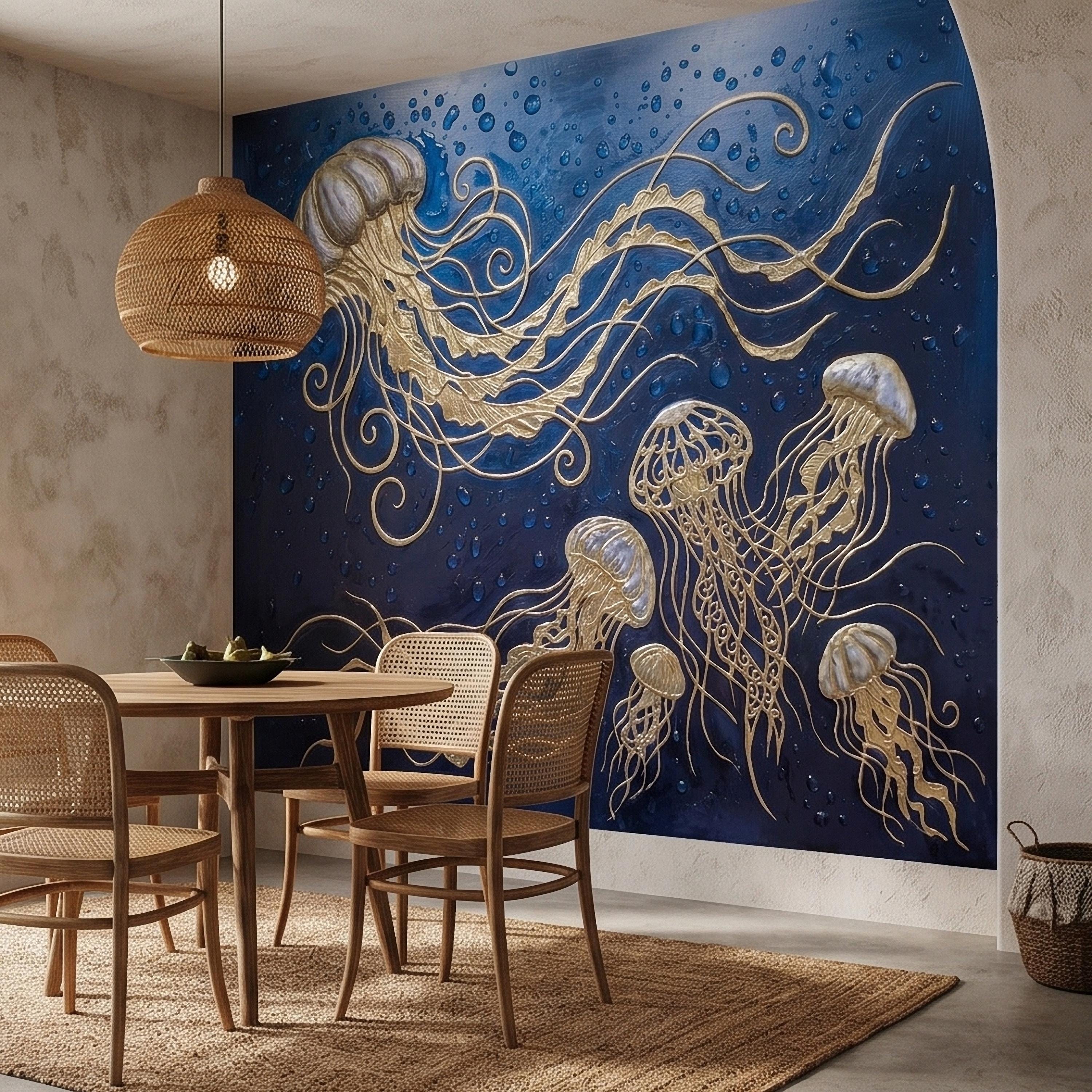 Golden Jellyfish Peel and Stick Wall Mural, Deep Midnight Blue Ocean Water Droplets Underwater Sea Life Art Deco Line Art Nautical Wallpaper