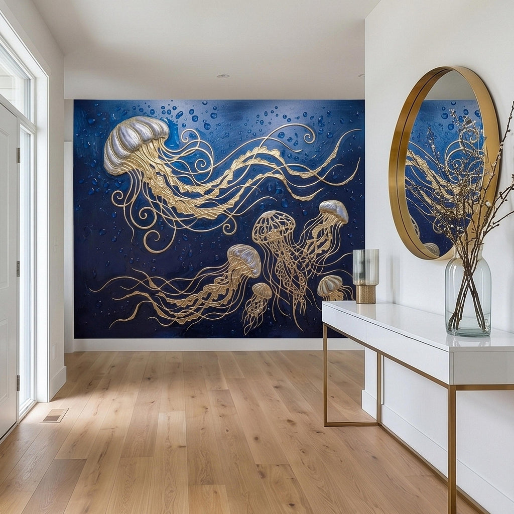 Golden Jellyfish Peel and Stick Wall Mural, Deep Midnight Blue Ocean Water Droplets Underwater Sea Life Art Deco Line Art Nautical Wallpaper