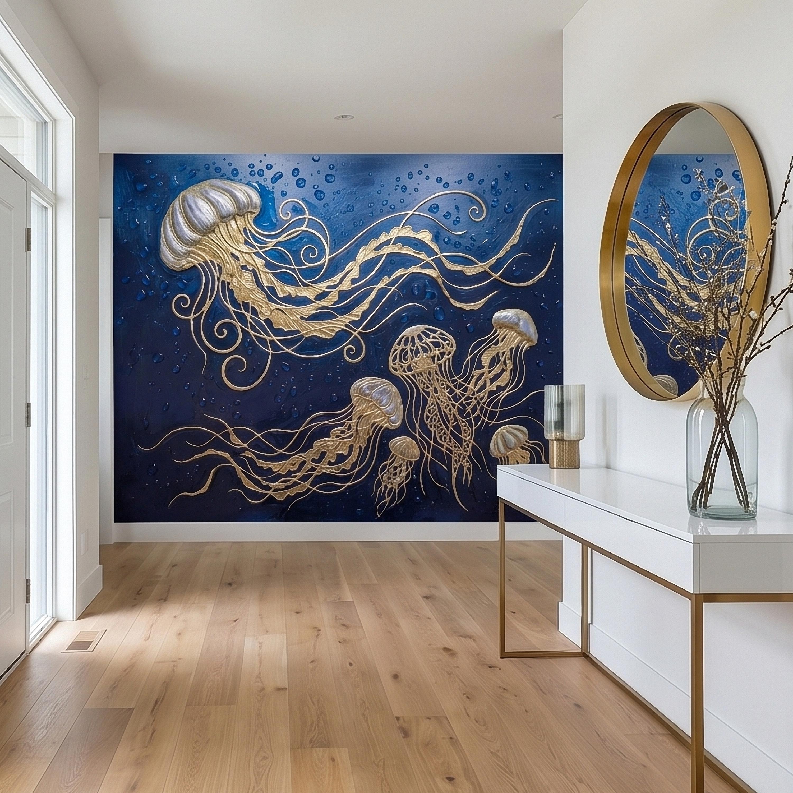 Golden Jellyfish Peel and Stick Wall Mural, Deep Midnight Blue Ocean Water Droplets Underwater Sea Life Art Deco Line Art Nautical Wallpaper