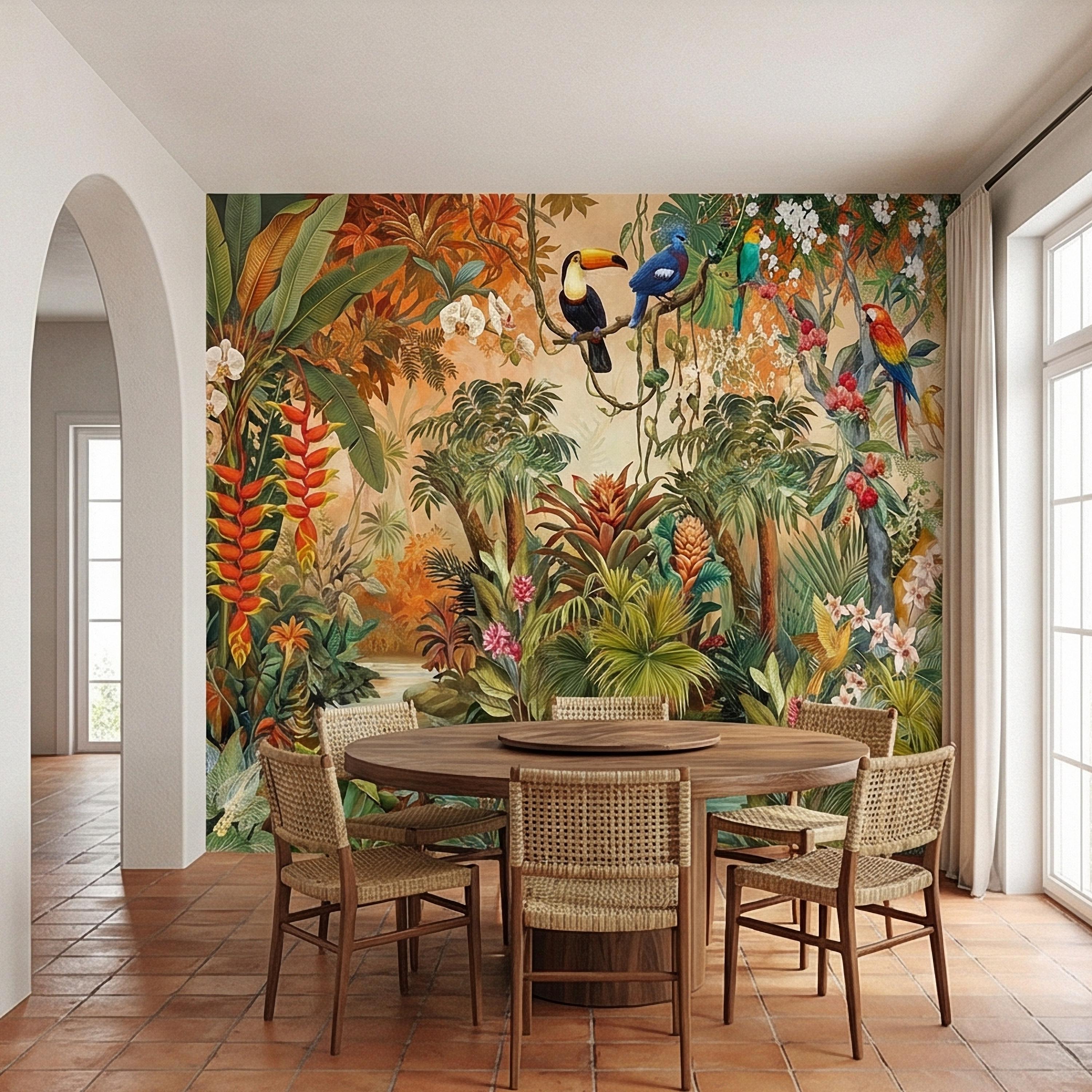 Tropical Jungle Peel and Stick Wall Mural, Colorful Toucan Macaw Parrot Orchid Rainforest, Exotic Bird Palm River Scene Botanical Wallpaper