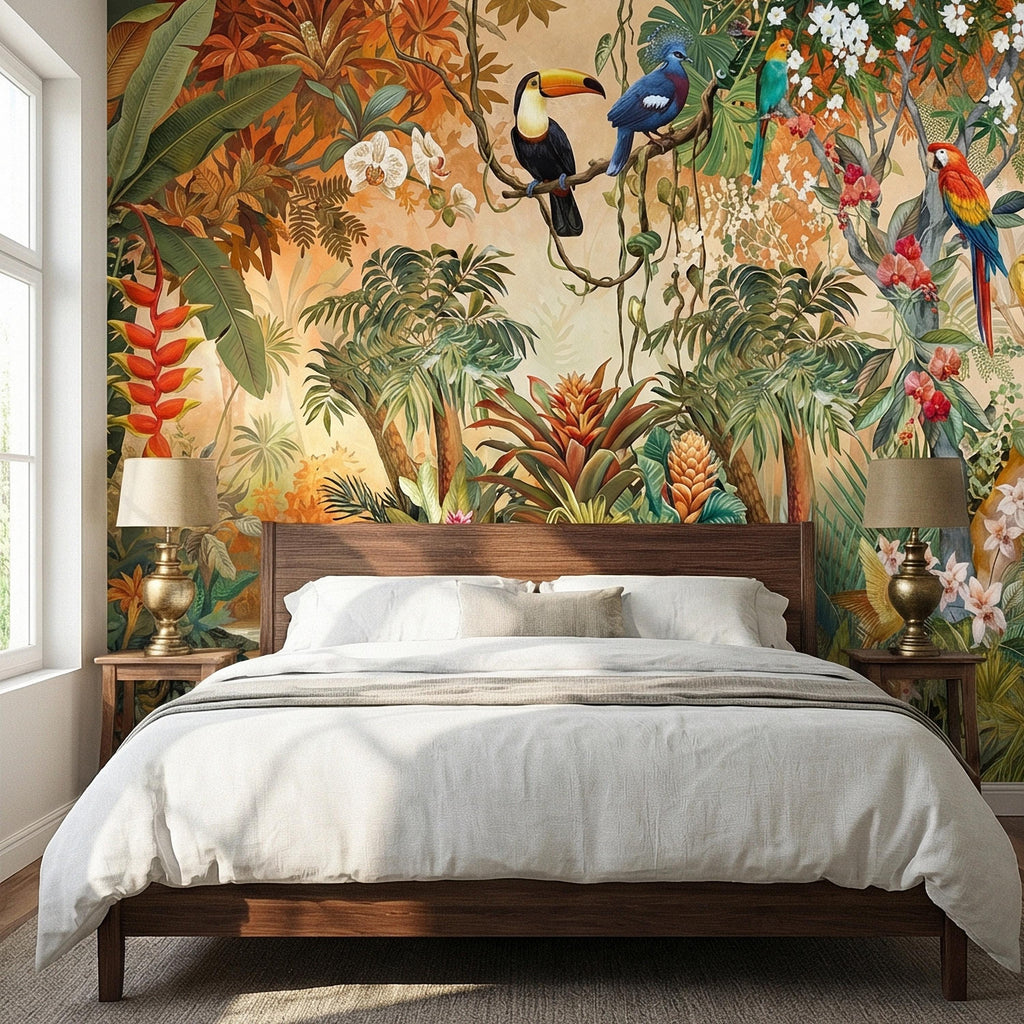 Tropical Jungle Peel and Stick Wall Mural, Colorful Toucan Macaw Parrot Orchid Rainforest, Exotic Bird Palm River Scene Botanical Wallpaper