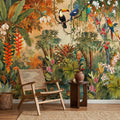 Tropical Jungle Peel and Stick Wall Mural, Colorful Toucan Macaw Parrot Orchid Rainforest, Exotic Bird Palm River Scene Botanical Wallpaper
