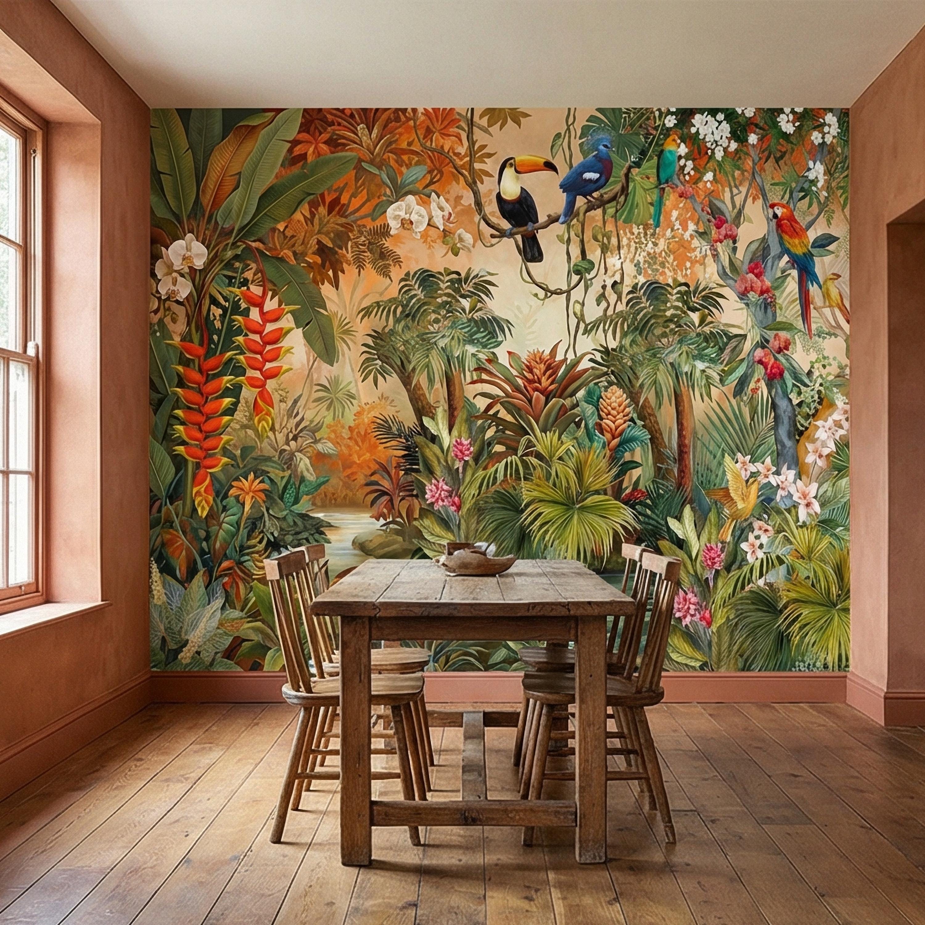 Tropical Jungle Peel and Stick Wall Mural, Colorful Toucan Macaw Parrot Orchid Rainforest, Exotic Bird Palm River Scene Botanical Wallpaper