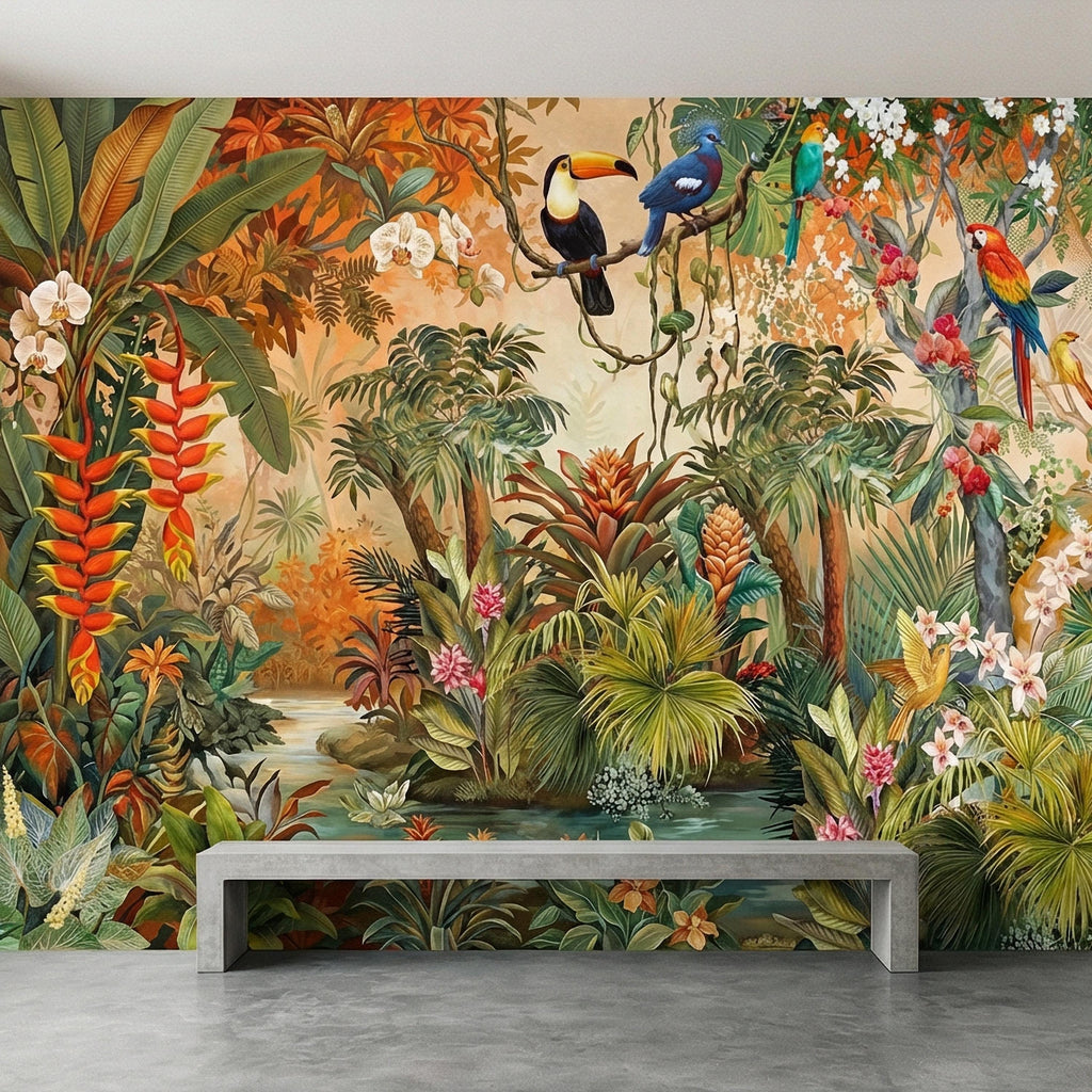 Tropical Jungle Peel and Stick Wall Mural, Colorful Toucan Macaw Parrot Orchid Rainforest, Exotic Bird Palm River Scene Botanical Wallpaper