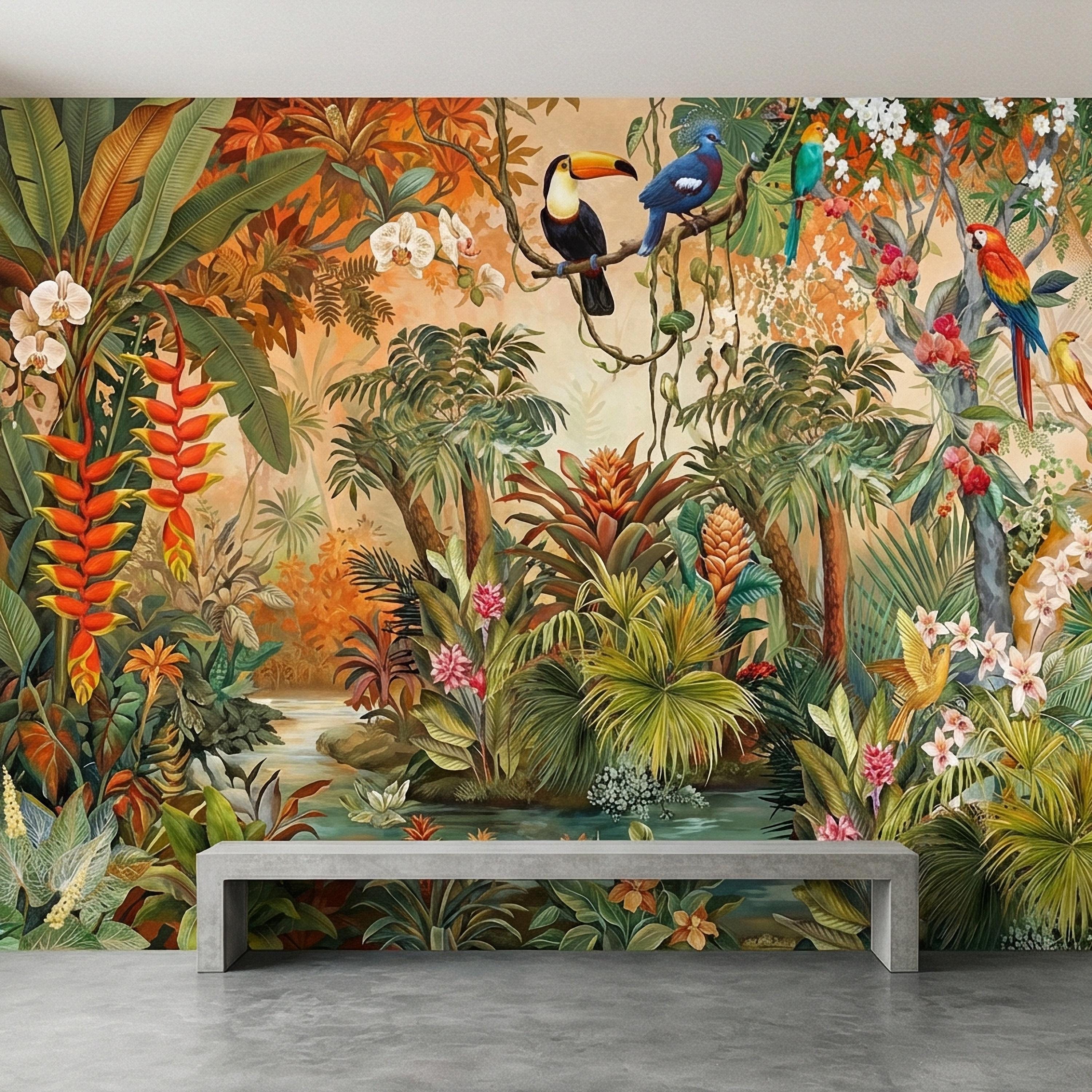 Tropical Jungle Peel and Stick Wall Mural, Colorful Toucan Macaw Parrot Orchid Rainforest, Exotic Bird Palm River Scene Botanical Wallpaper