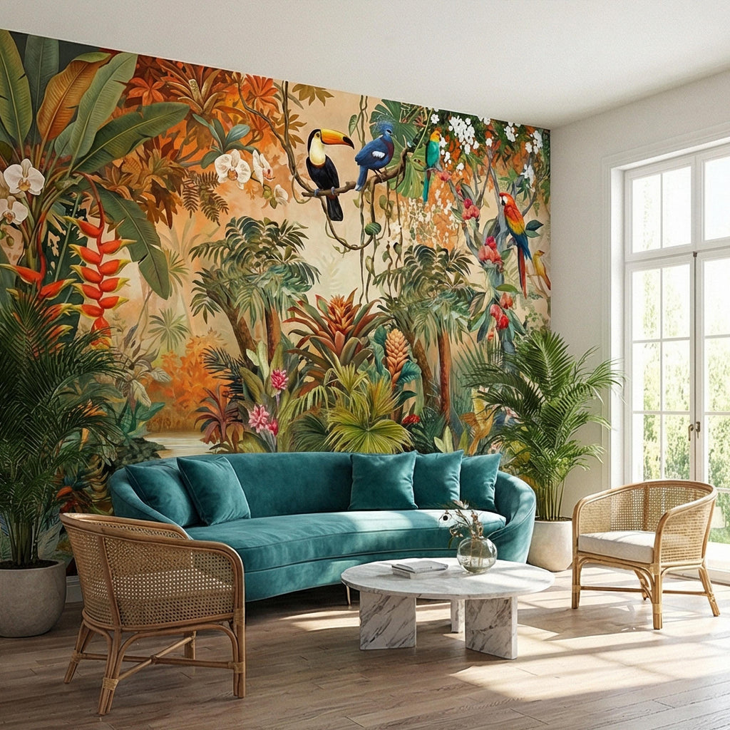Tropical Jungle Peel and Stick Wall Mural, Colorful Toucan Macaw Parrot Orchid Rainforest, Exotic Bird Palm River Scene Botanical Wallpaper