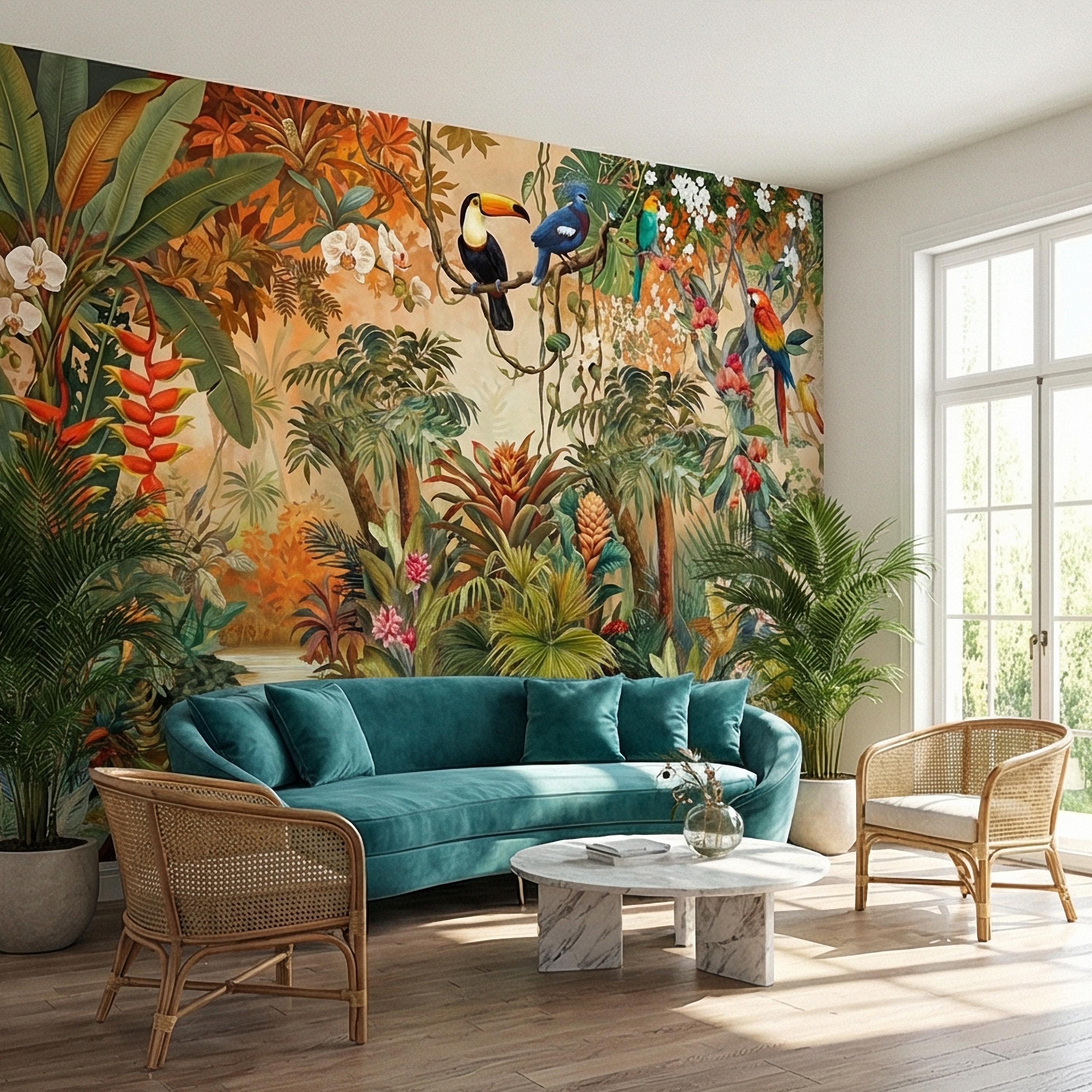 Tropical Jungle Peel and Stick Wall Mural, Colorful Toucan Macaw Parrot Orchid Rainforest, Exotic Bird Palm River Scene Botanical Wallpaper