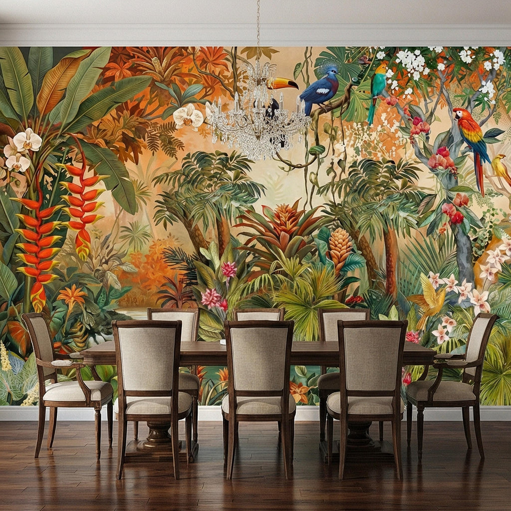 Tropical Jungle Peel and Stick Wall Mural, Colorful Toucan Macaw Parrot Orchid Rainforest, Exotic Bird Palm River Scene Botanical Wallpaper