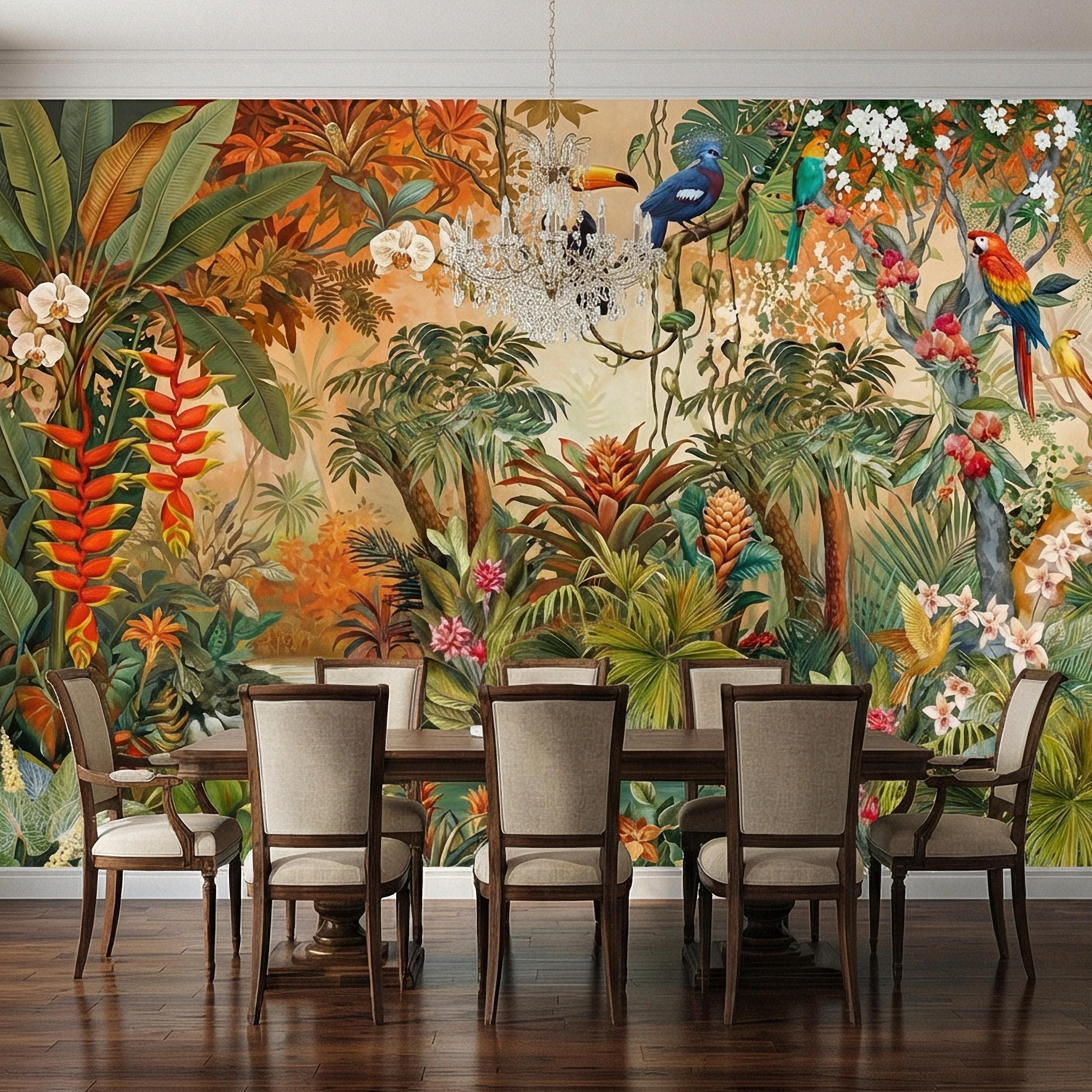Tropical Jungle Peel and Stick Wall Mural, Colorful Toucan Macaw Parrot Orchid Rainforest, Exotic Bird Palm River Scene Botanical Wallpaper
