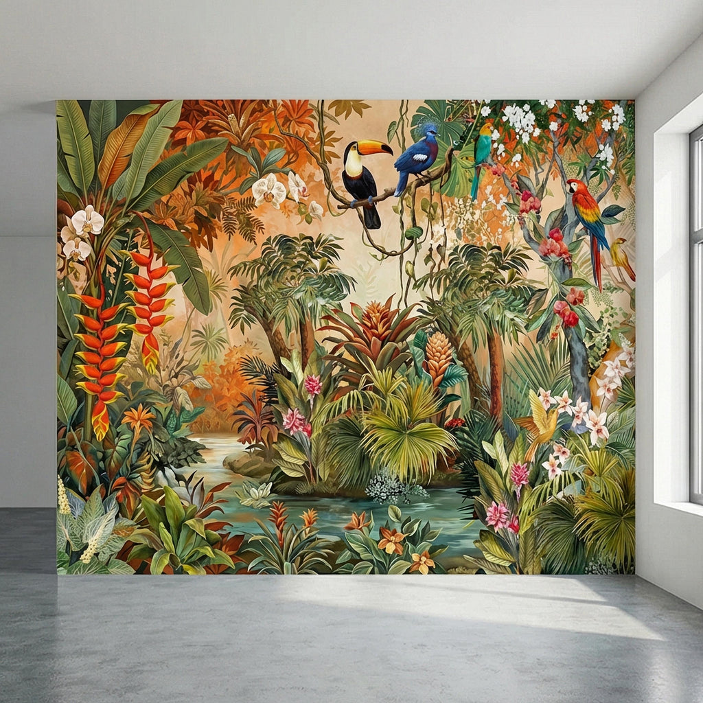 Tropical Jungle Peel and Stick Wall Mural, Colorful Toucan Macaw Parrot Orchid Rainforest, Exotic Bird Palm River Scene Botanical Wallpaper