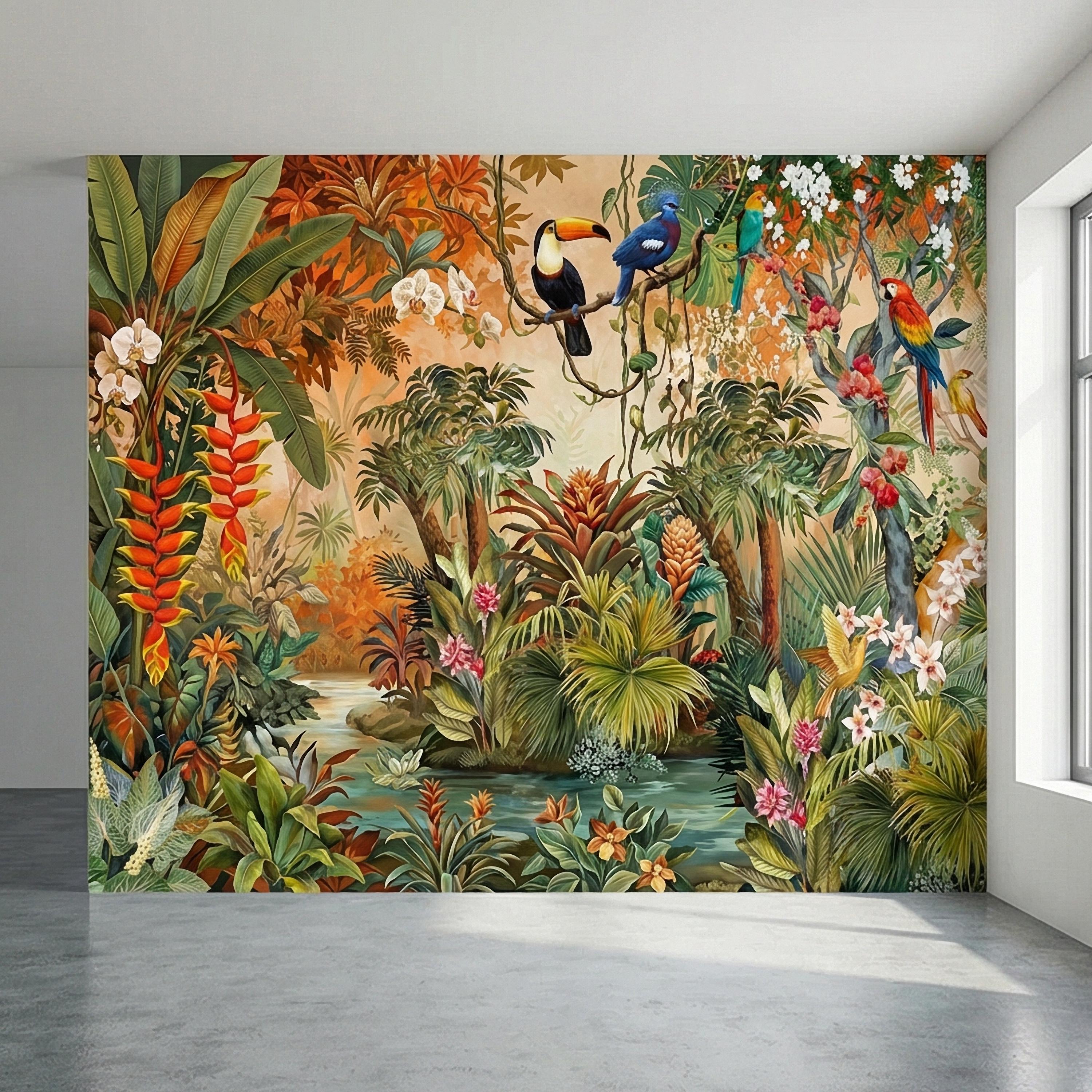 Tropical Jungle Peel and Stick Wall Mural, Colorful Toucan Macaw Parrot Orchid Rainforest, Exotic Bird Palm River Scene Botanical Wallpaper