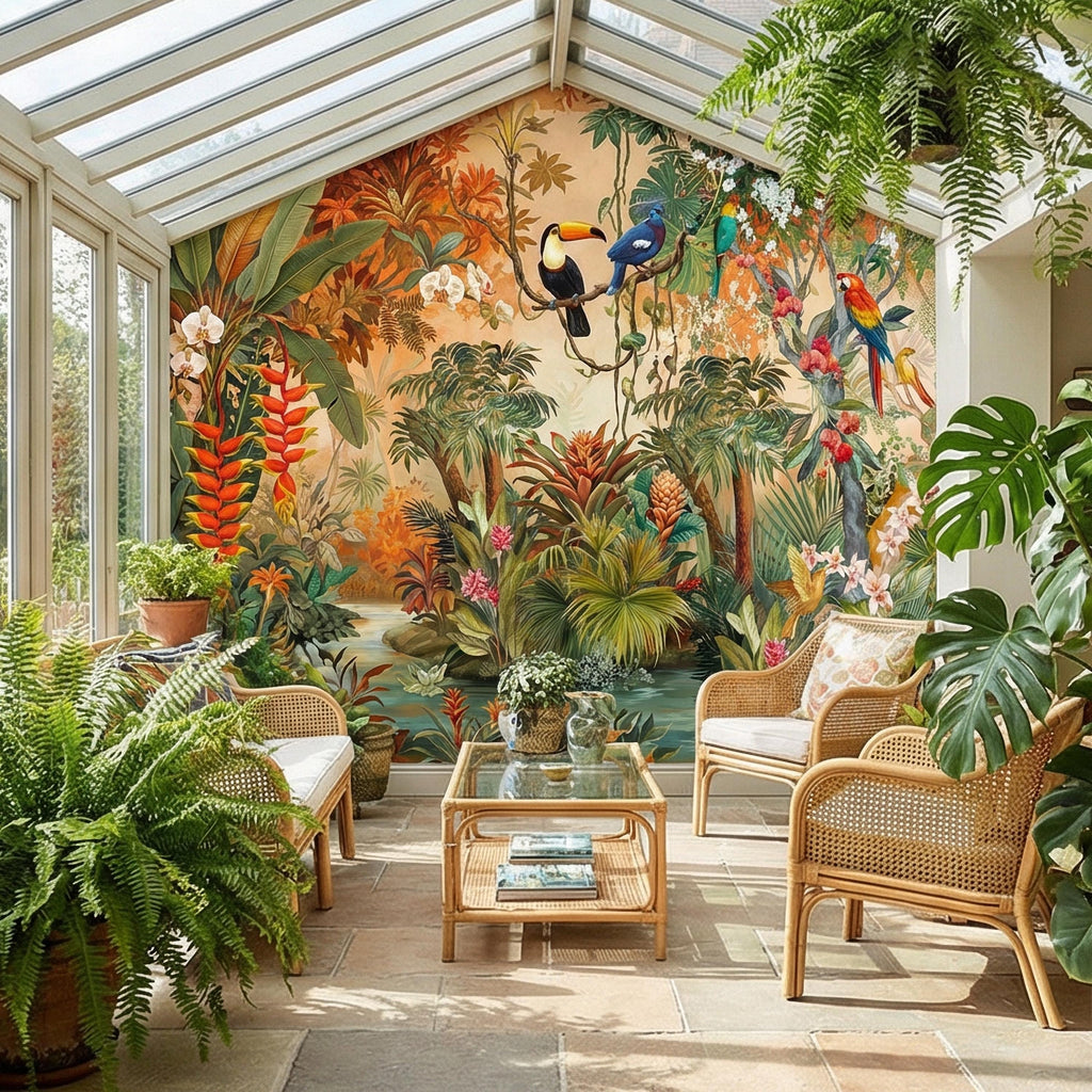 Tropical Jungle Peel and Stick Wall Mural, Colorful Toucan Macaw Parrot Orchid Rainforest, Exotic Bird Palm River Scene Botanical Wallpaper