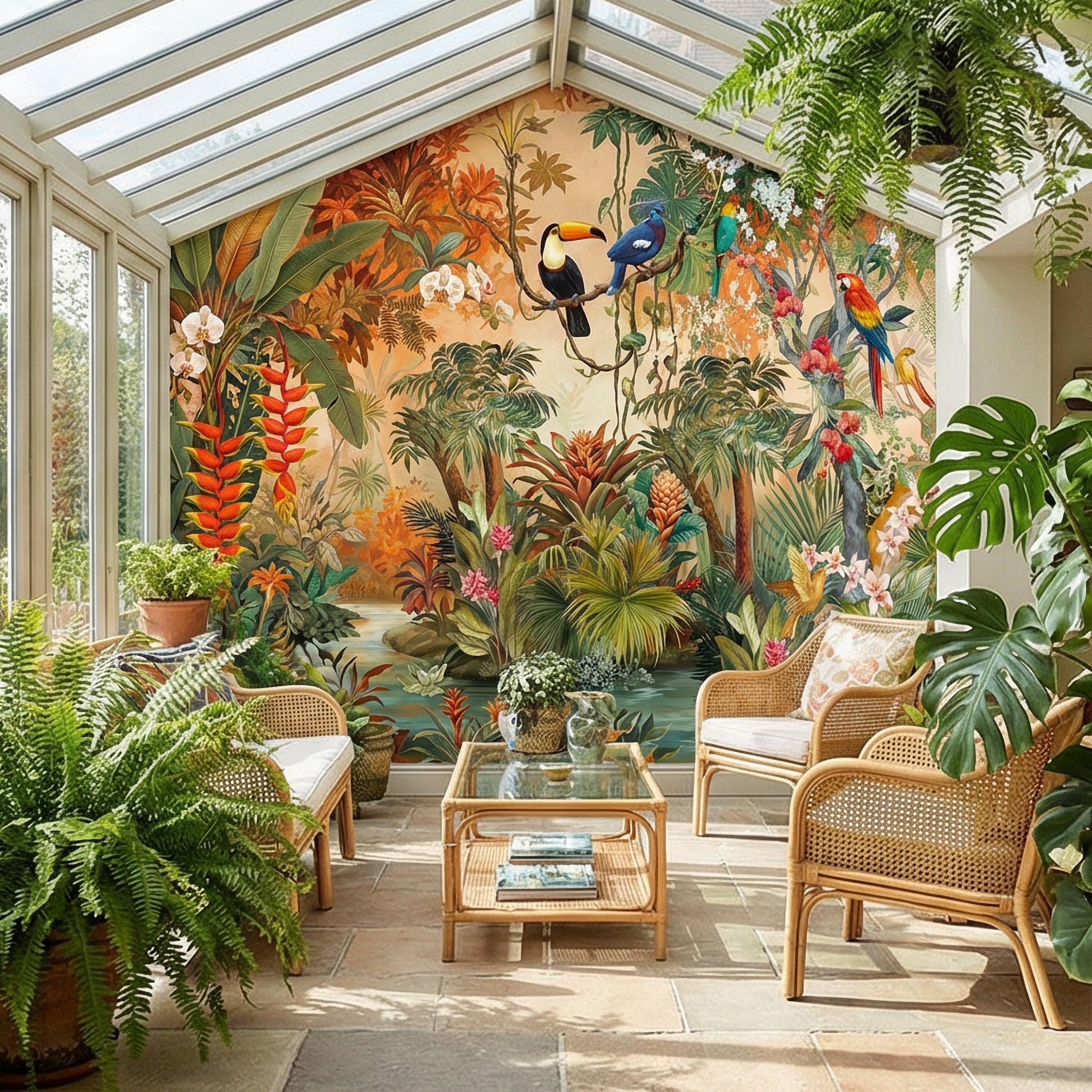 Tropical Jungle Peel and Stick Wall Mural, Colorful Toucan Macaw Parrot Orchid Rainforest, Exotic Bird Palm River Scene Botanical Wallpaper
