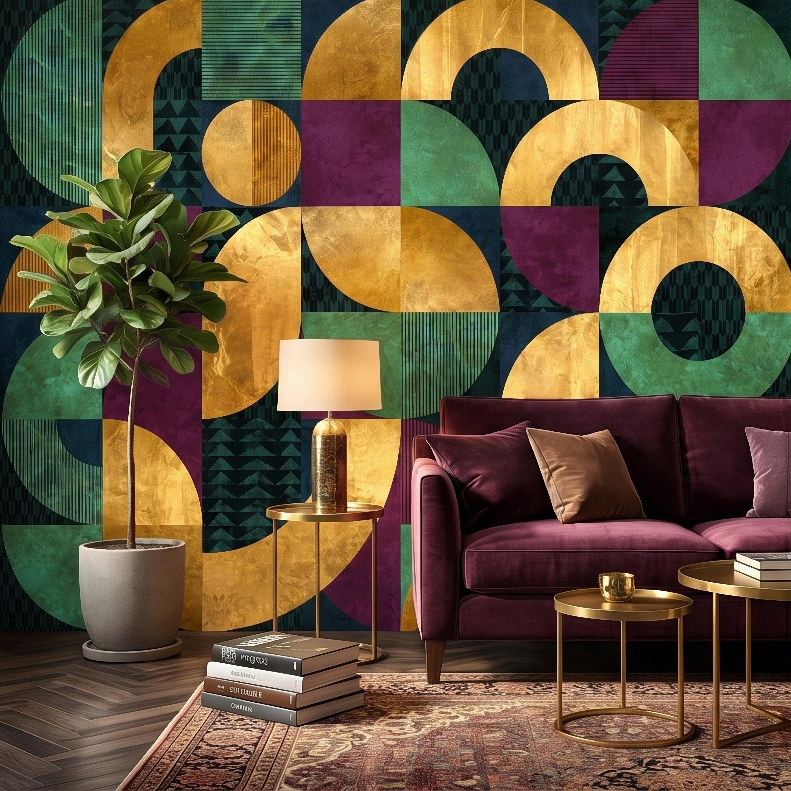 Mid Century Modern Geometric Peel and Stick Wall Mural, Bauhaus Abstract Arches and Circles, Retro Color Block Mosaic Pattern Wallpaper