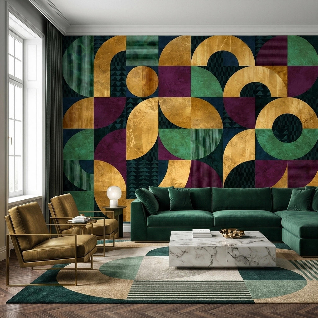 Mid Century Modern Geometric Peel and Stick Wall Mural, Bauhaus Abstract Arches and Circles, Retro Color Block Mosaic Pattern Wallpaper