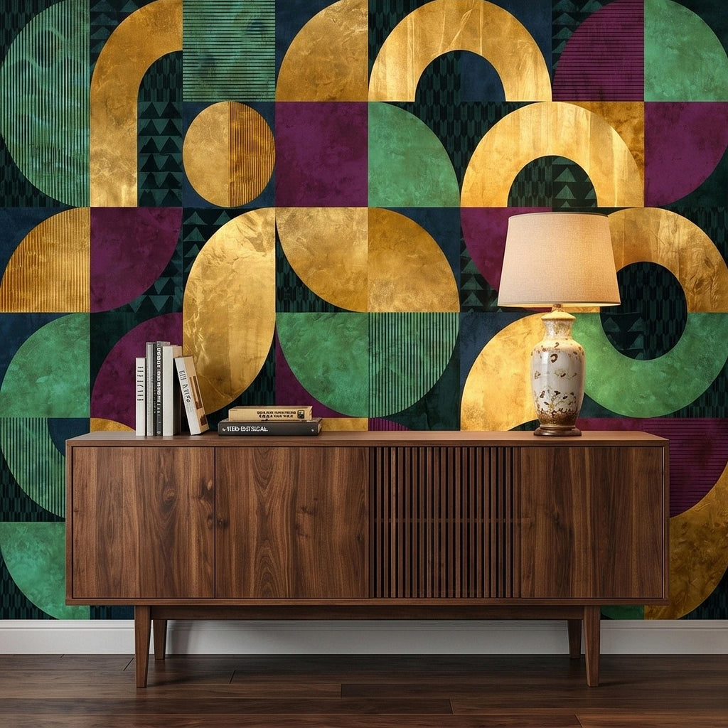 Mid Century Modern Geometric Peel and Stick Wall Mural, Bauhaus Abstract Arches and Circles, Retro Color Block Mosaic Pattern Wallpaper