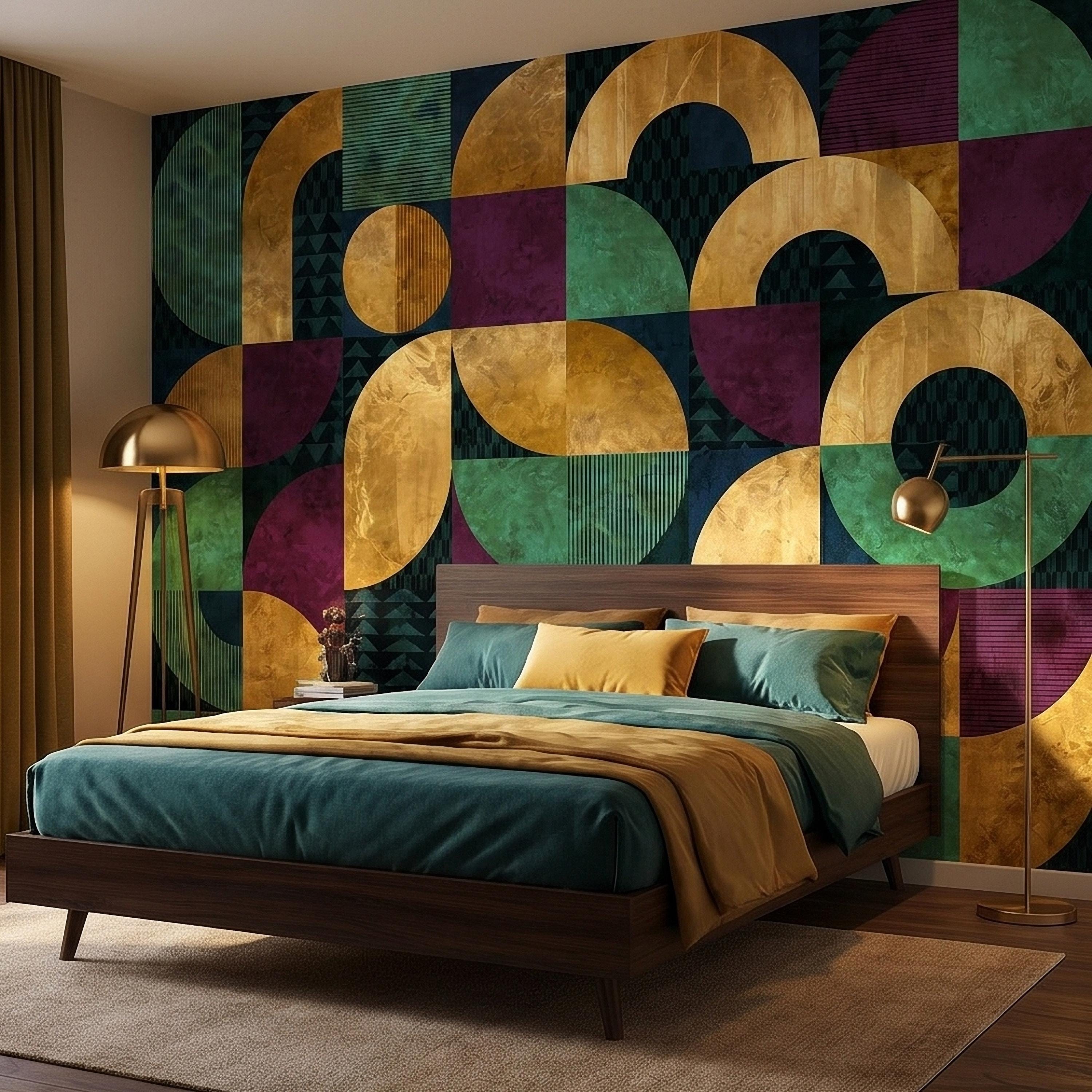 Mid Century Modern Geometric Peel and Stick Wall Mural, Bauhaus Abstract Arches and Circles, Retro Color Block Mosaic Pattern Wallpaper