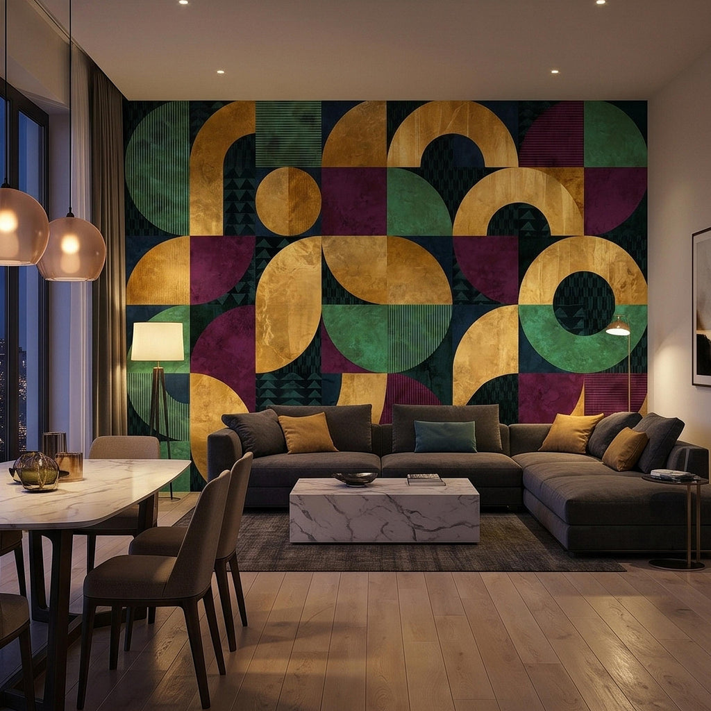 Mid Century Modern Geometric Peel and Stick Wall Mural, Bauhaus Abstract Arches and Circles, Retro Color Block Mosaic Pattern Wallpaper