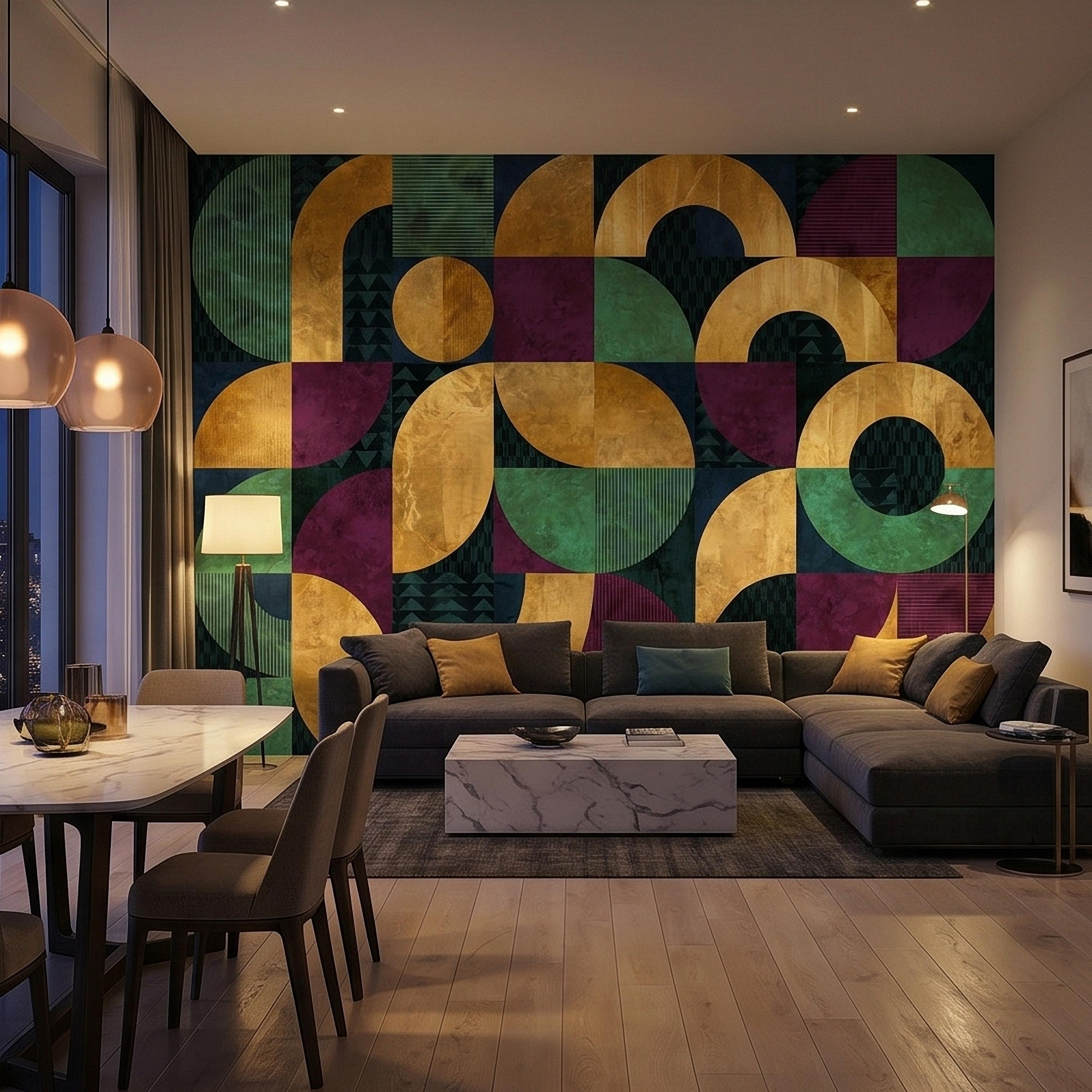 Mid Century Modern Geometric Peel and Stick Wall Mural, Bauhaus Abstract Arches and Circles, Retro Color Block Mosaic Pattern Wallpaper