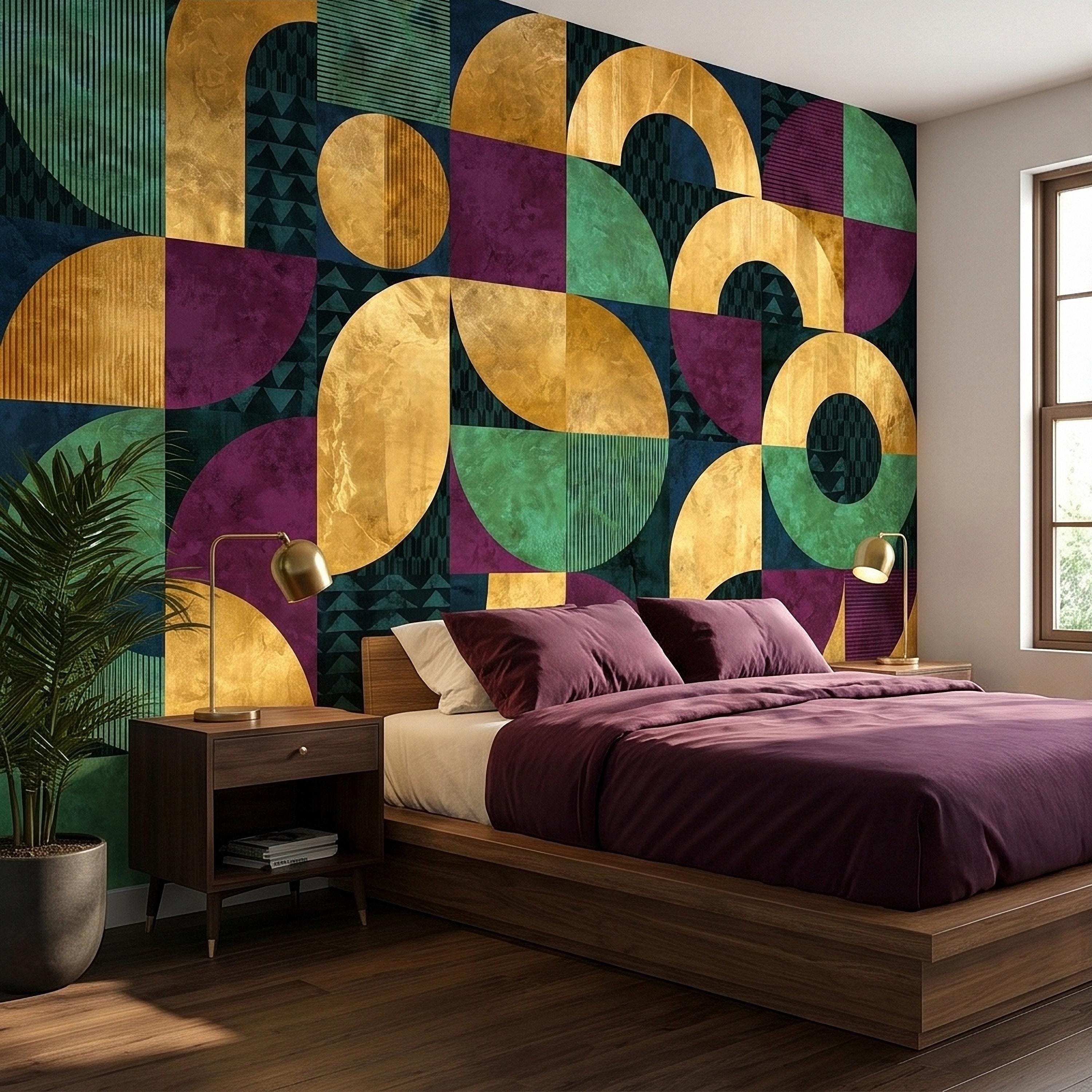 Mid Century Modern Geometric Peel and Stick Wall Mural, Bauhaus Abstract Arches and Circles, Retro Color Block Mosaic Pattern Wallpaper