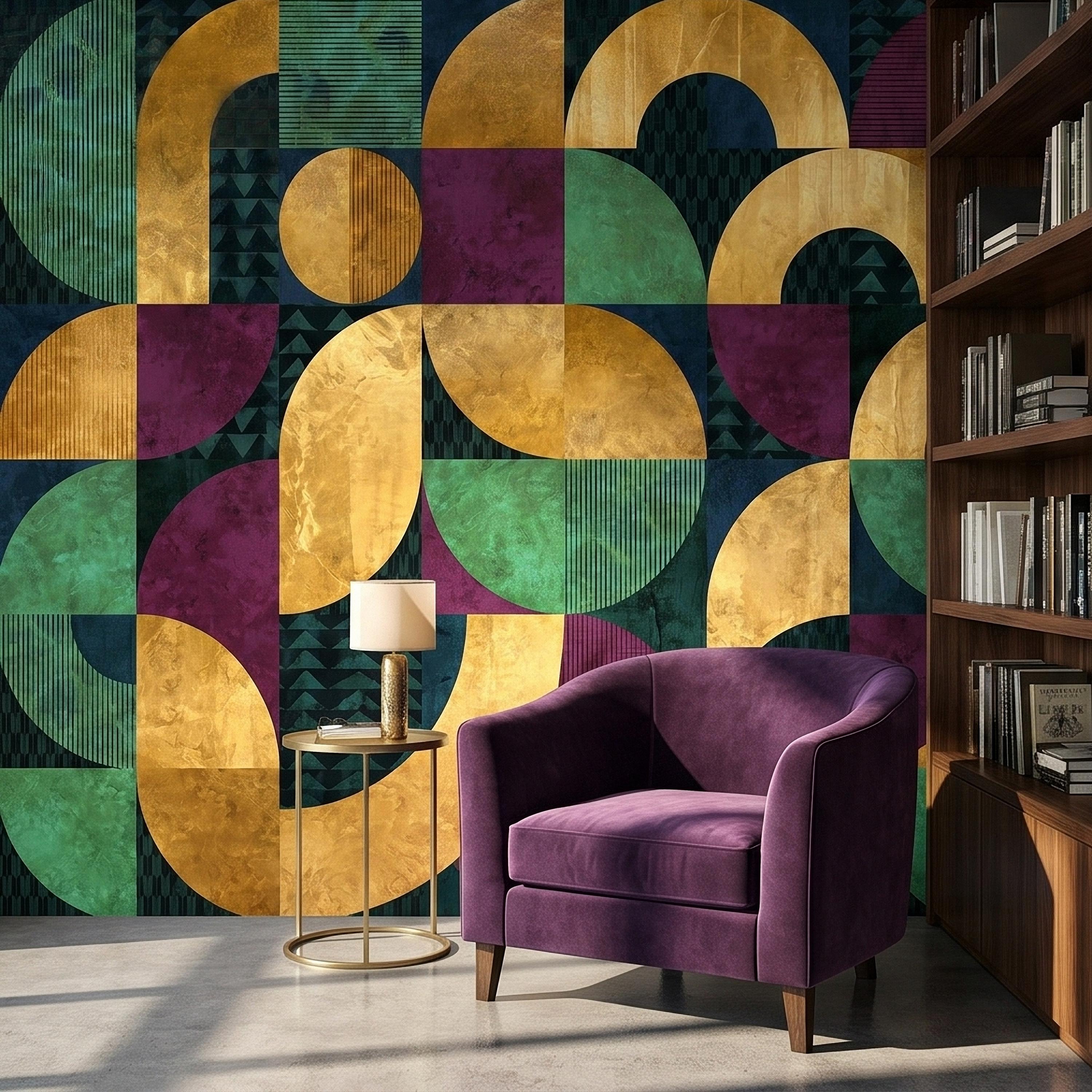 Mid Century Modern Geometric Peel and Stick Wall Mural, Bauhaus Abstract Arches and Circles, Retro Color Block Mosaic Pattern Wallpaper