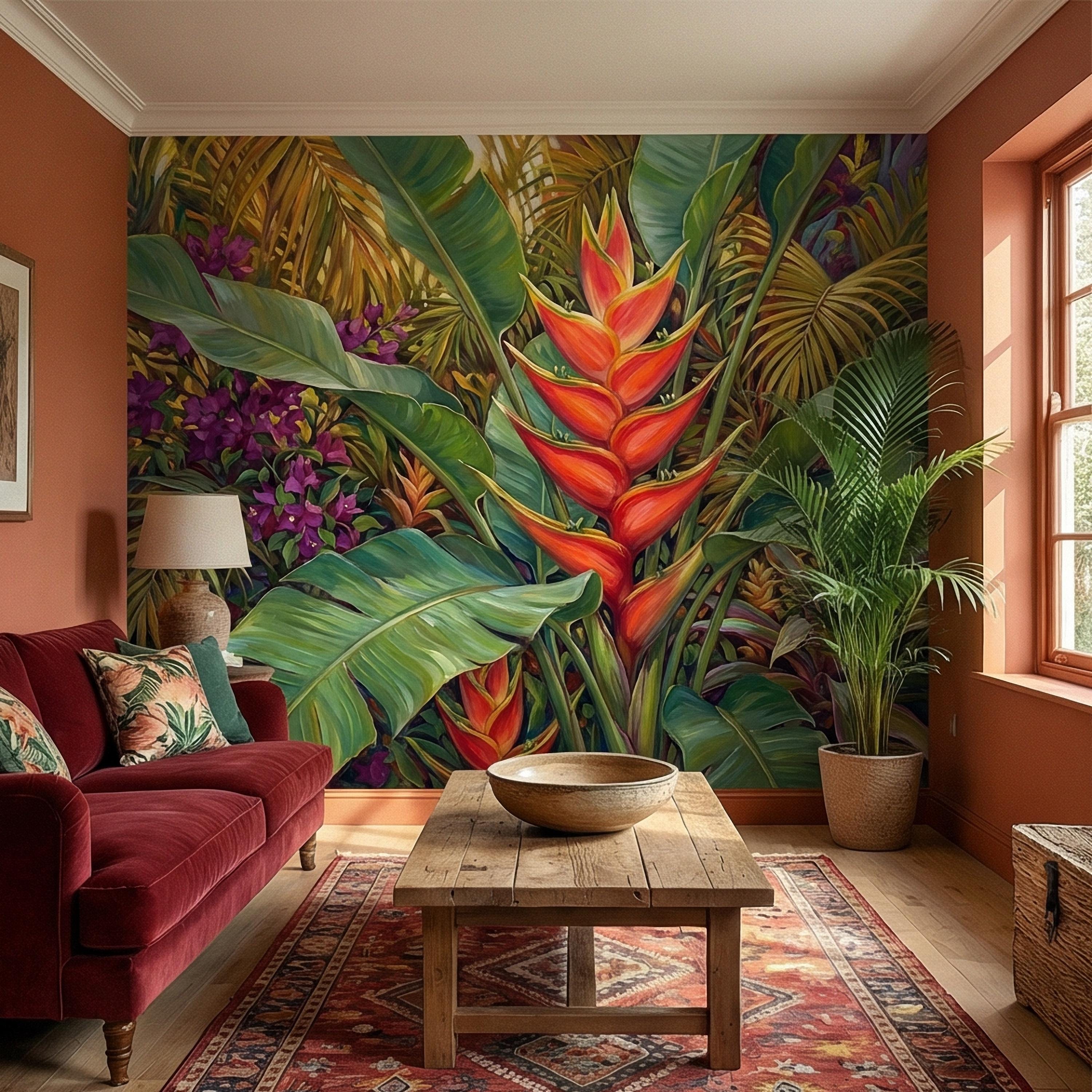 Tropical Heliconia Peel and Stick Wall Mural, Lush Jungle Banana Leaf Botanical, Exotic Rainforest Floral, Painted Tropical Garden Wallpaper
