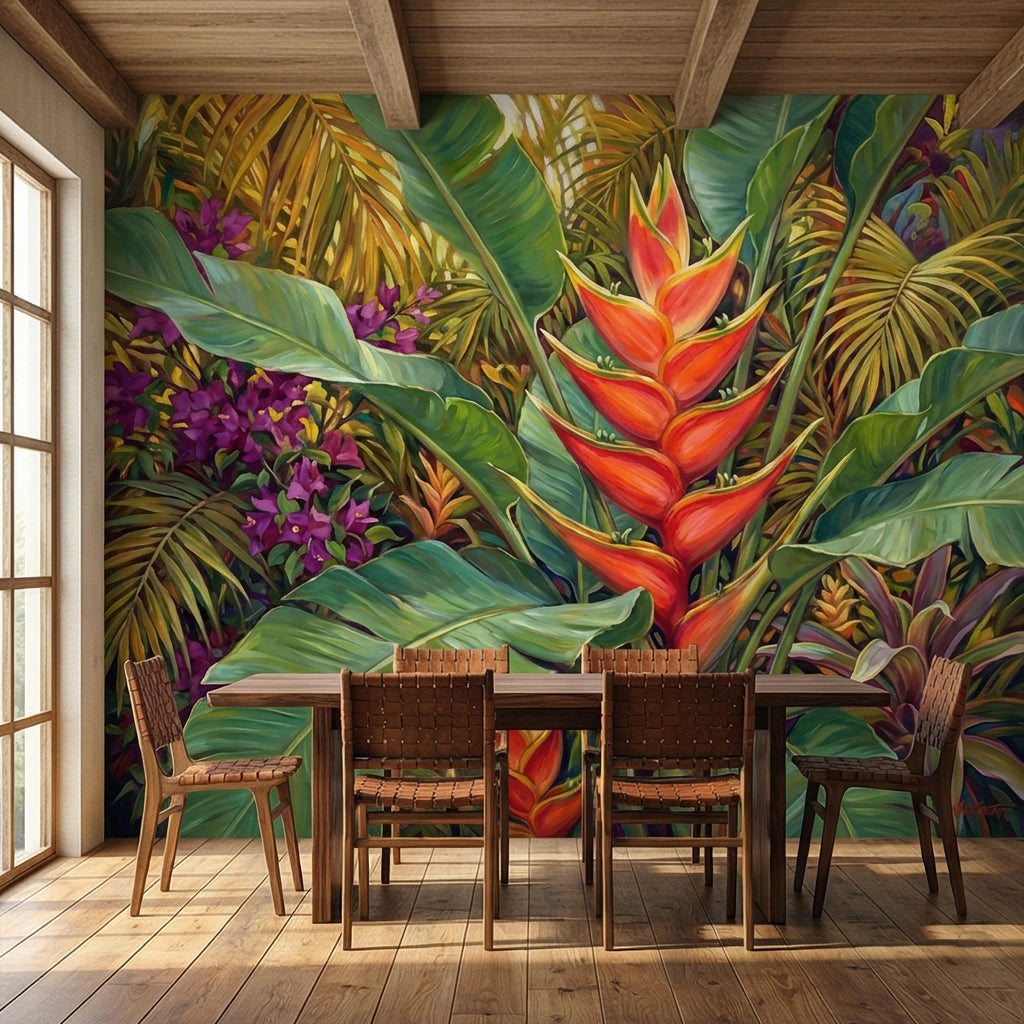 Tropical Heliconia Peel and Stick Wall Mural, Lush Jungle Banana Leaf Botanical, Exotic Rainforest Floral, Painted Tropical Garden Wallpaper
