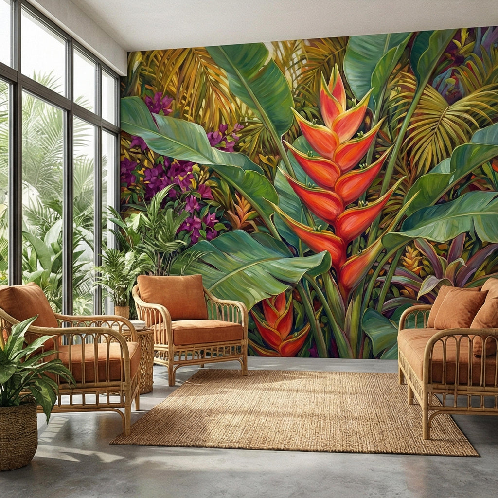 Tropical Heliconia Peel and Stick Wall Mural, Lush Jungle Banana Leaf Botanical, Exotic Rainforest Floral, Painted Tropical Garden Wallpaper