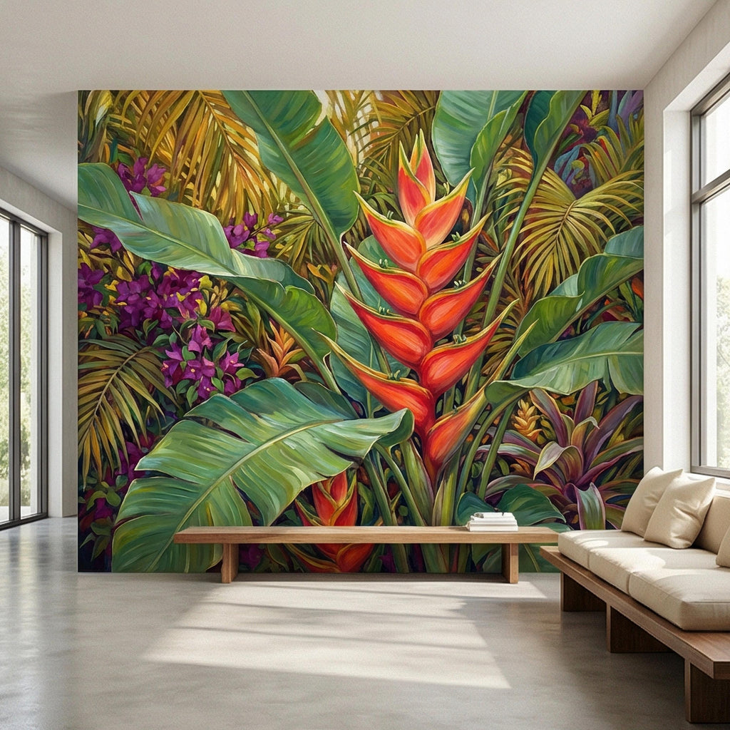 Tropical Heliconia Peel and Stick Wall Mural, Lush Jungle Banana Leaf Botanical, Exotic Rainforest Floral, Painted Tropical Garden Wallpaper