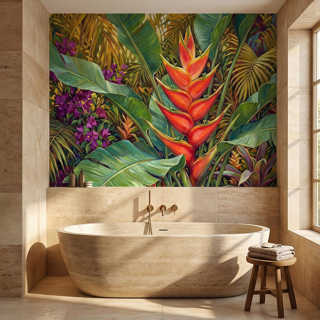 Tropical Heliconia Peel and Stick Wall Mural, Lush Jungle Banana Leaf Botanical, Exotic Rainforest Floral, Painted Tropical Garden Wallpaper