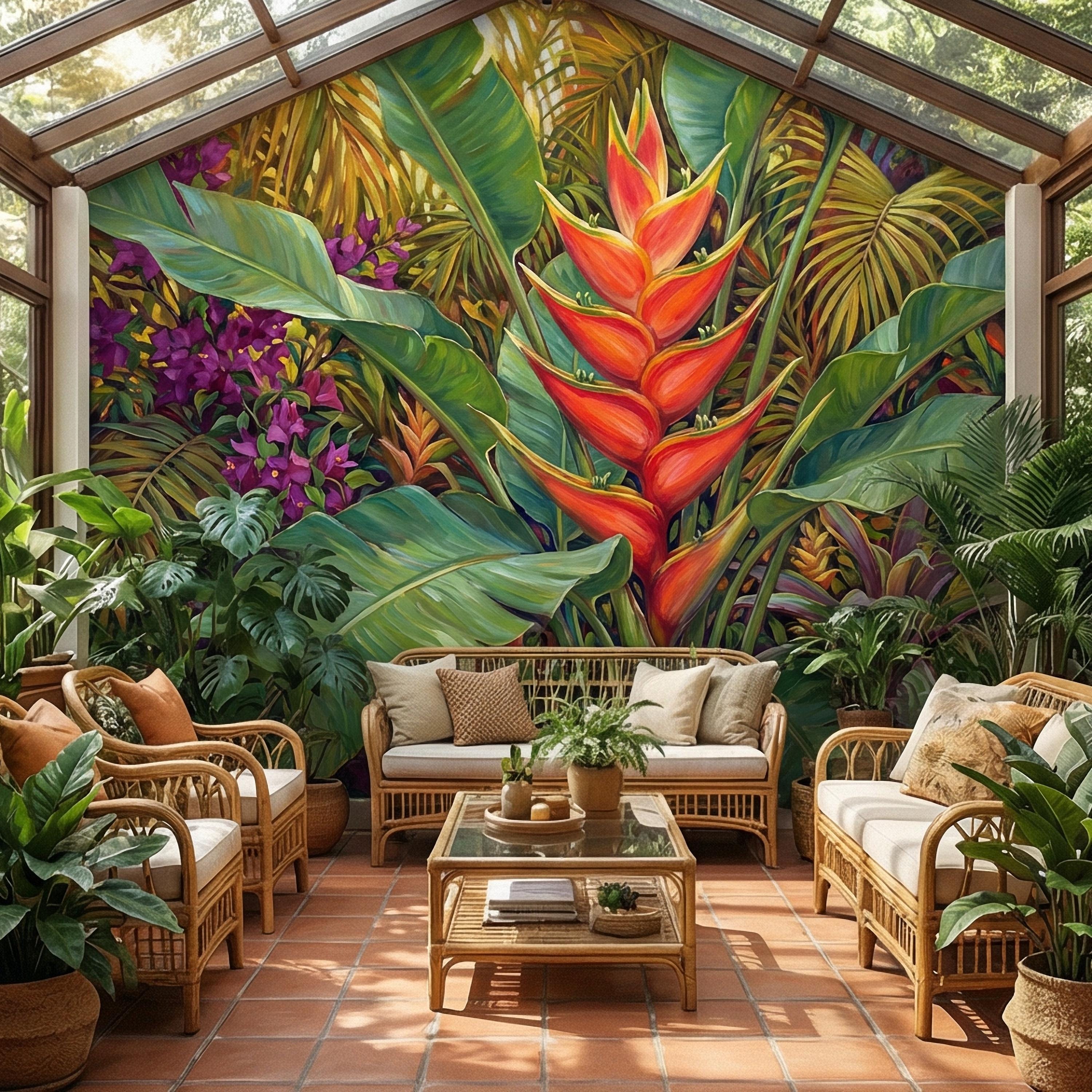Tropical Heliconia Peel and Stick Wall Mural, Lush Jungle Banana Leaf Botanical, Exotic Rainforest Floral, Painted Tropical Garden Wallpaper