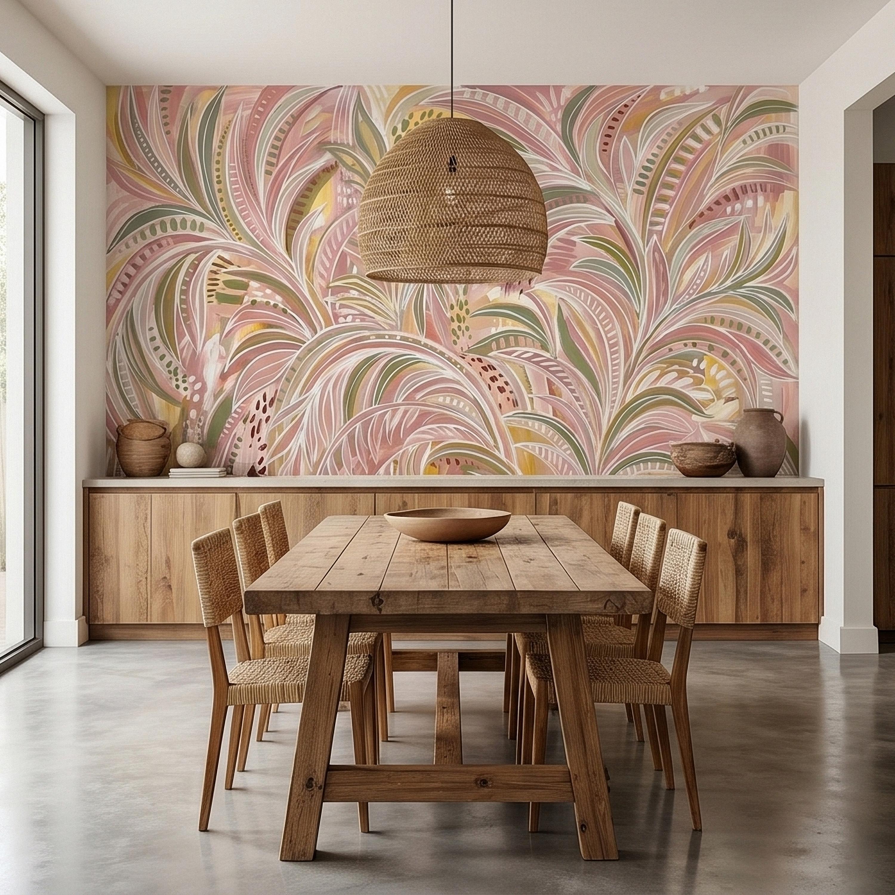 Blush Pink & Sage Green Palm Leaves Peel and Stick Wall Mural Pastel Tropical Hand Painted Watercolor Foliage Mod Boho Pattern Art Wallpaper