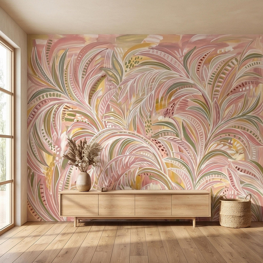 Blush Pink & Sage Green Palm Leaves Peel and Stick Wall Mural Pastel Tropical Hand Painted Watercolor Foliage Mod Boho Pattern Art Wallpaper