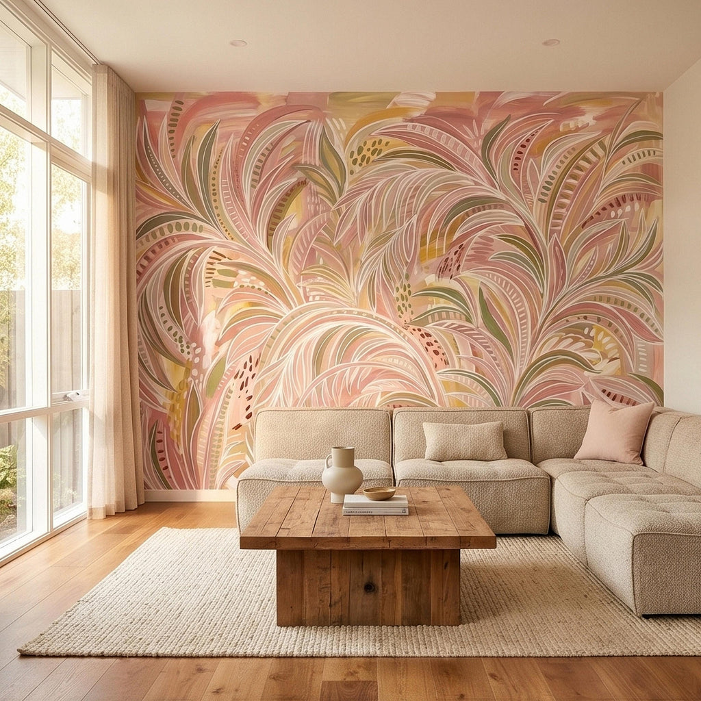 Blush Pink & Sage Green Palm Leaves Peel and Stick Wall Mural Pastel Tropical Hand Painted Watercolor Foliage Mod Boho Pattern Art Wallpaper