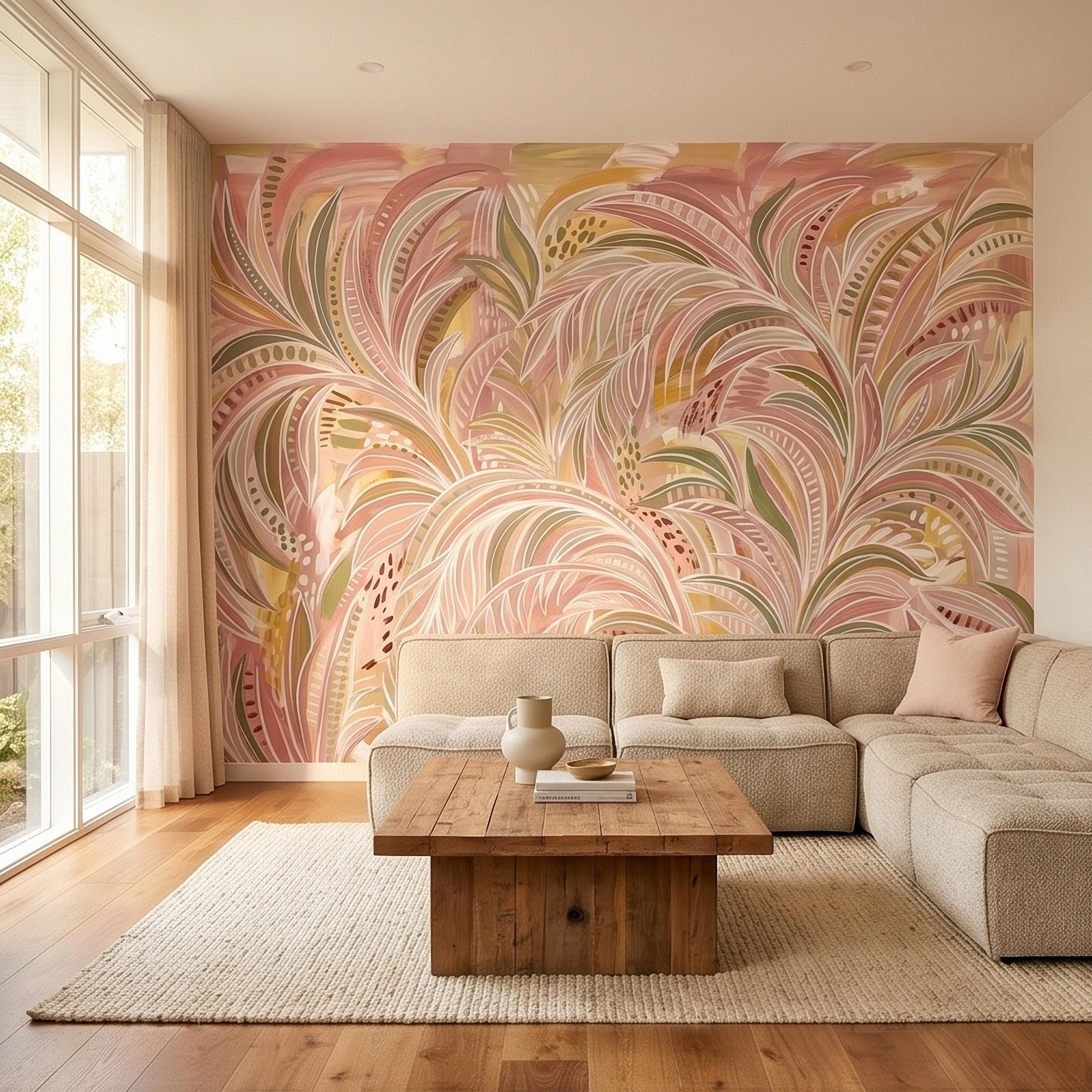Blush Pink & Sage Green Palm Leaves Peel and Stick Wall Mural Pastel Tropical Hand Painted Watercolor Foliage Mod Boho Pattern Art Wallpaper