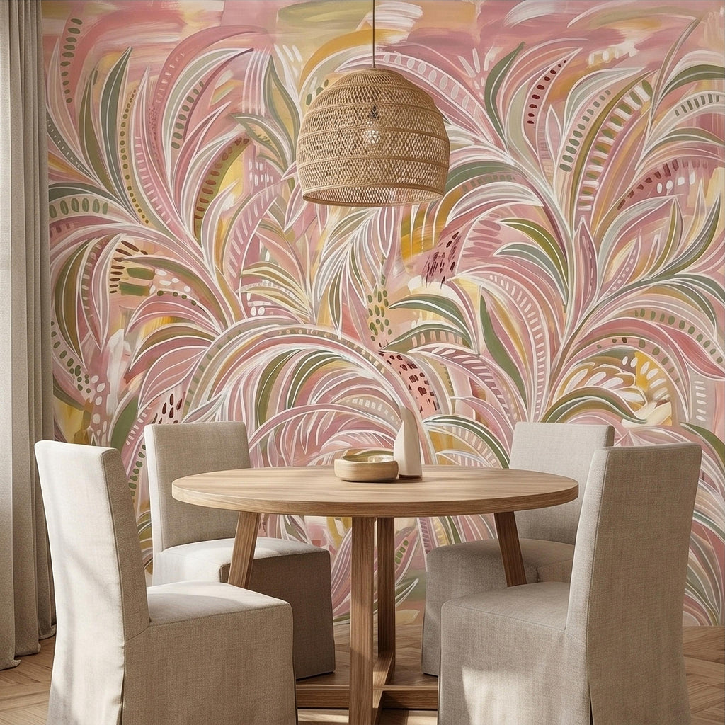 Blush Pink & Sage Green Palm Leaves Peel and Stick Wall Mural Pastel Tropical Hand Painted Watercolor Foliage Mod Boho Pattern Art Wallpaper