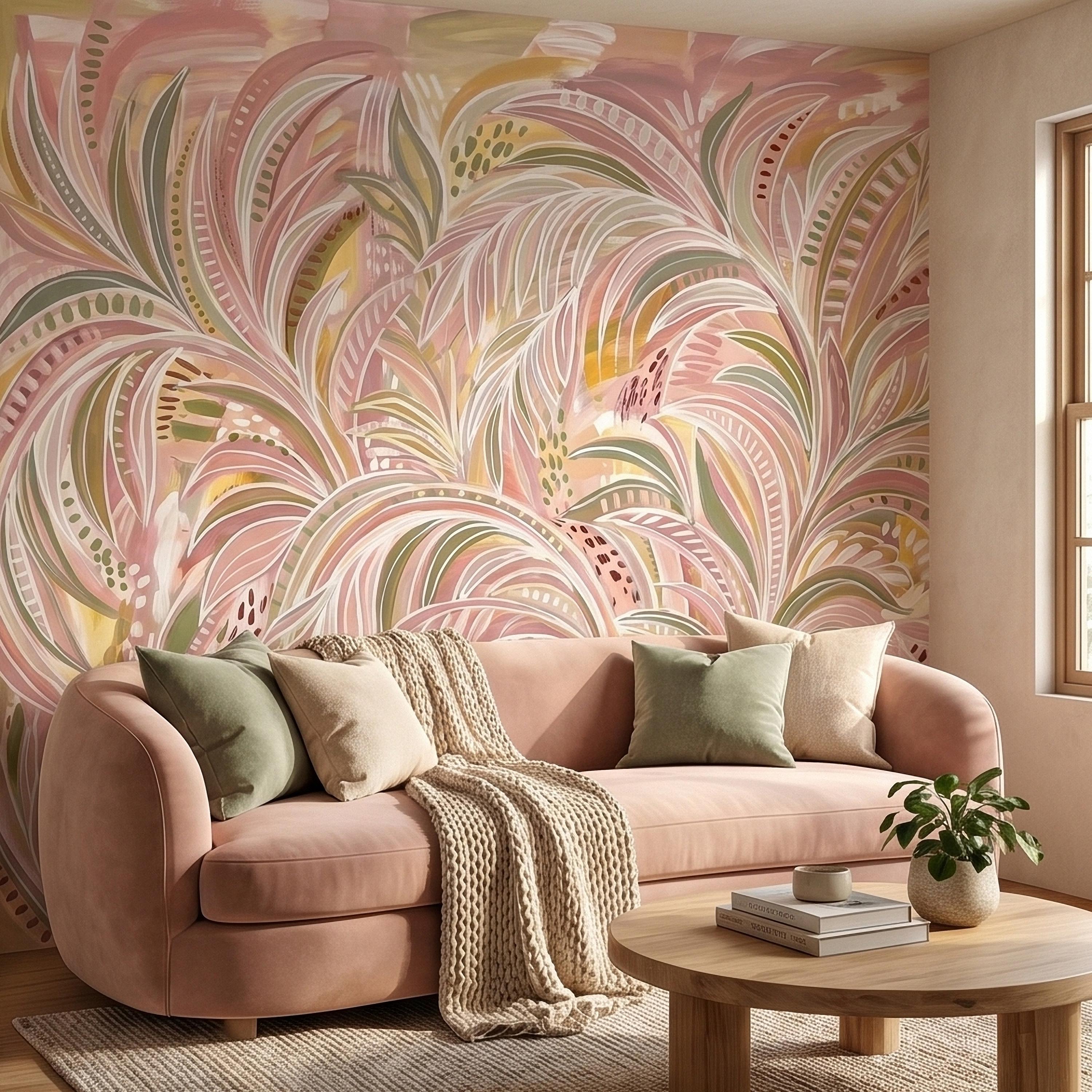 Blush Pink & Sage Green Palm Leaves Peel and Stick Wall Mural Pastel Tropical Hand Painted Watercolor Foliage Mod Boho Pattern Art Wallpaper