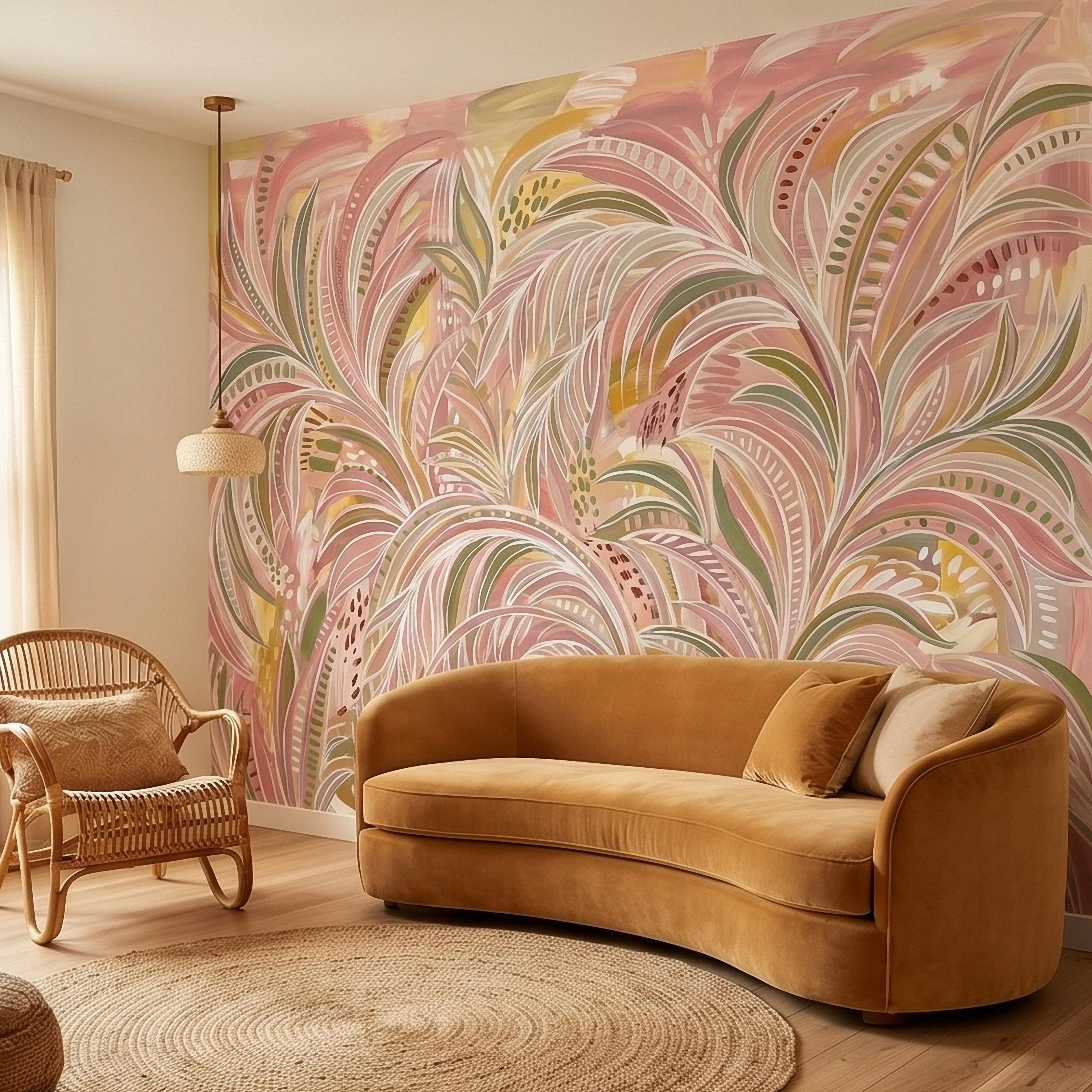 Blush Pink & Sage Green Palm Leaves Peel and Stick Wall Mural Pastel Tropical Hand Painted Watercolor Foliage Mod Boho Pattern Art Wallpaper