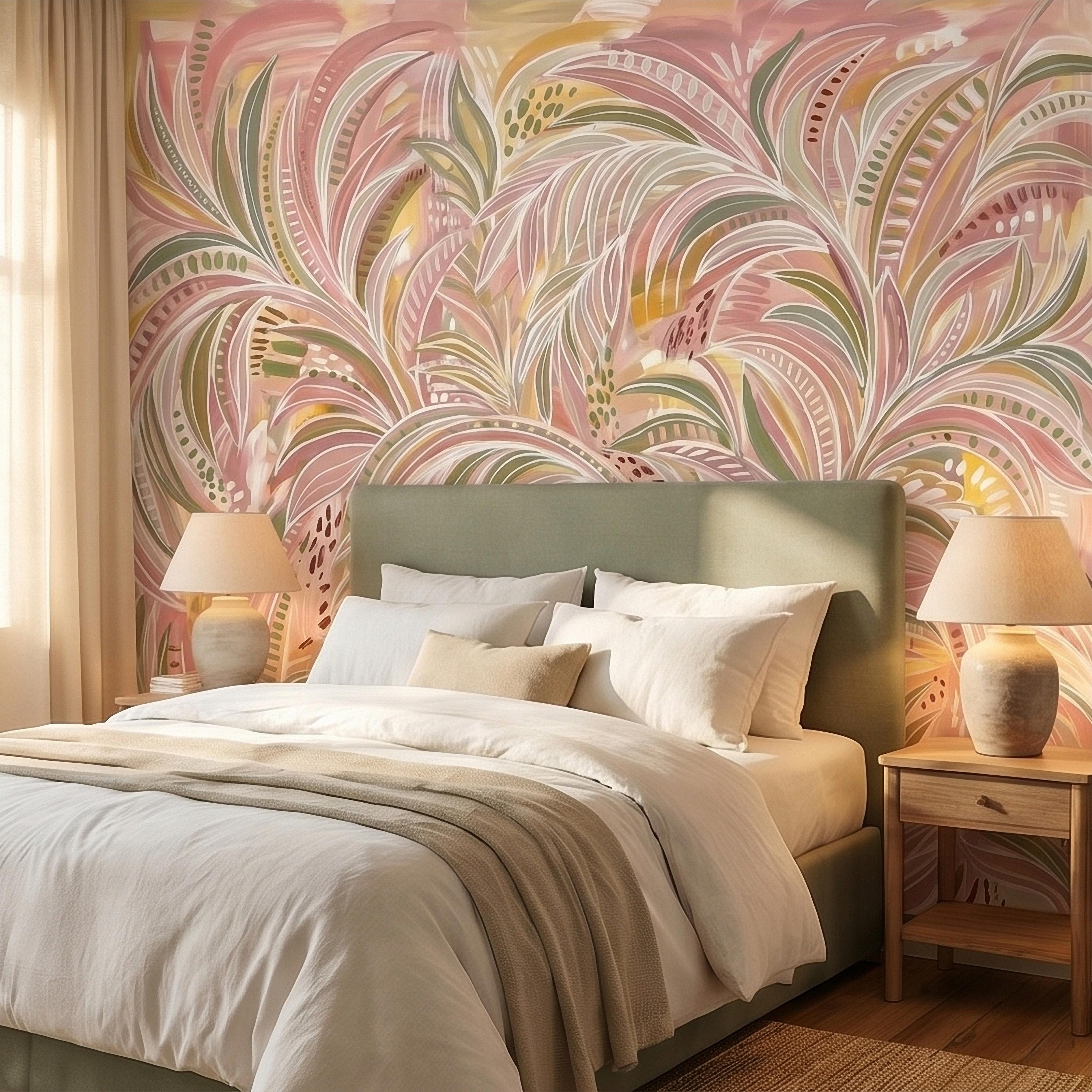Blush Pink & Sage Green Palm Leaves Peel and Stick Wall Mural Pastel Tropical Hand Painted Watercolor Foliage Mod Boho Pattern Art Wallpaper