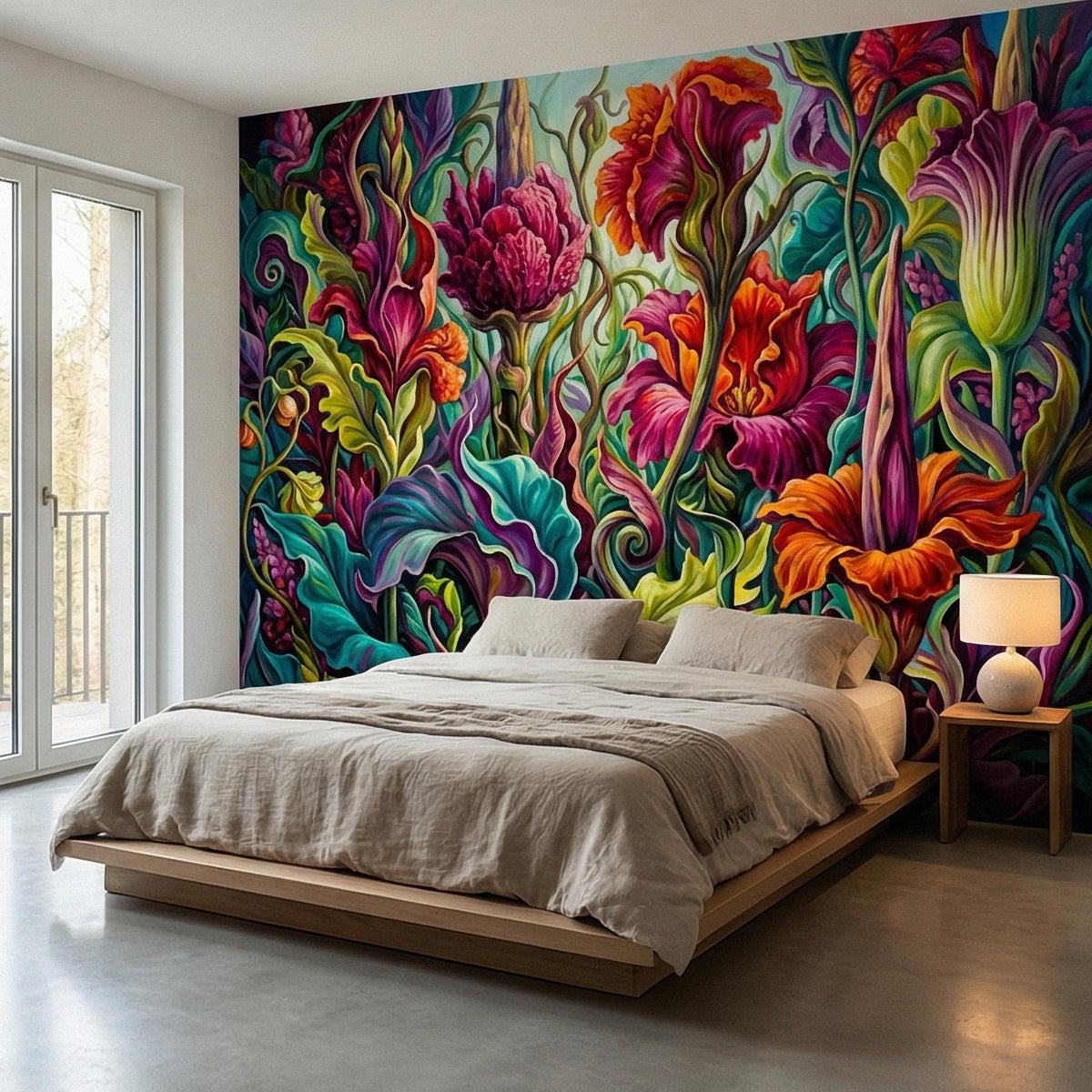Maximalist botanical wall mural featuring bright multicolor flowers and twisting vine stems