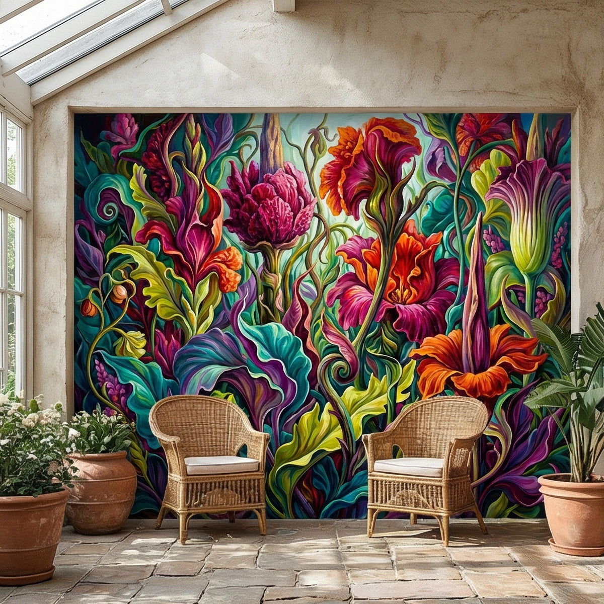 Colorful garden floral wall mural with painterly blossoms and curving stems across the full wall