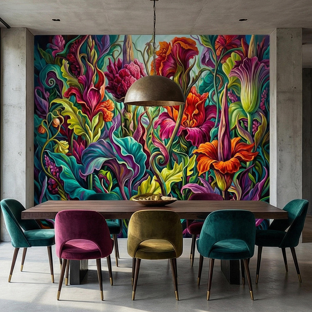 Bold botanical wall mural with large magenta and orange flowers and sculpted green foliage