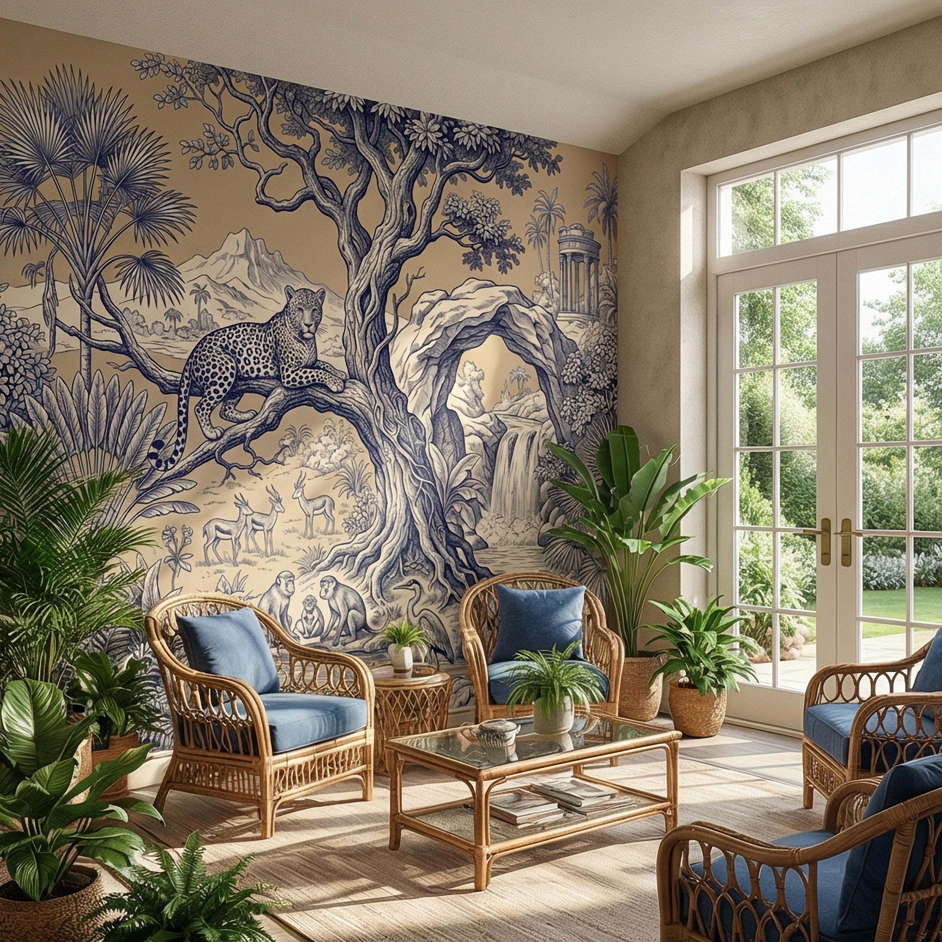 Safari Toile Peel and Stick Wall Mural, Leopard Jungle Landscape, Monkeys Gazelles Waterfall Palm Tree, Blue Beige Vintage Scenic Wallpaper