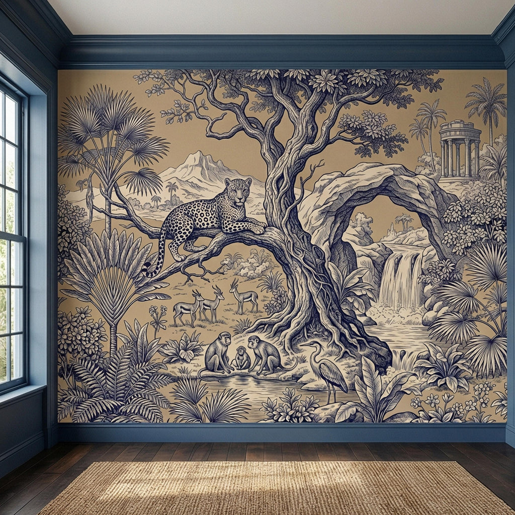 Safari Toile Peel and Stick Wall Mural, Leopard Jungle Landscape, Monkeys Gazelles Waterfall Palm Tree, Blue Beige Vintage Scenic Wallpaper