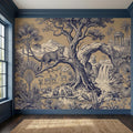 Safari Toile Peel and Stick Wall Mural, Leopard Jungle Landscape, Monkeys Gazelles Waterfall Palm Tree, Blue Beige Vintage Scenic Wallpaper