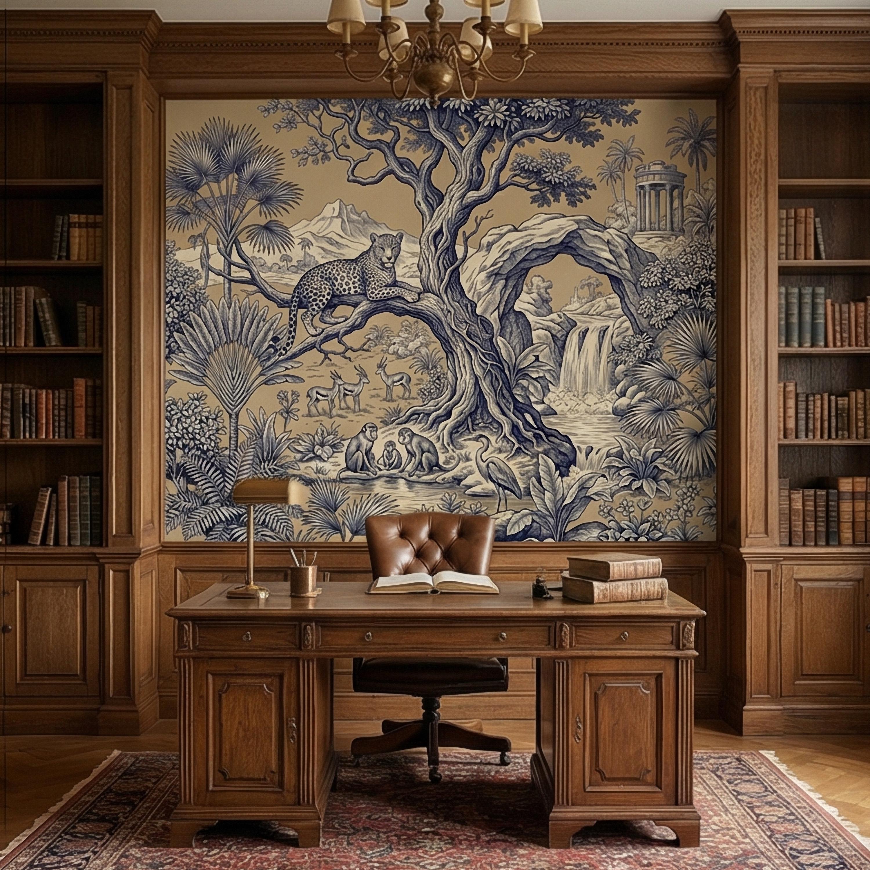 Safari Toile Peel and Stick Wall Mural, Leopard Jungle Landscape, Monkeys Gazelles Waterfall Palm Tree, Blue Beige Vintage Scenic Wallpaper